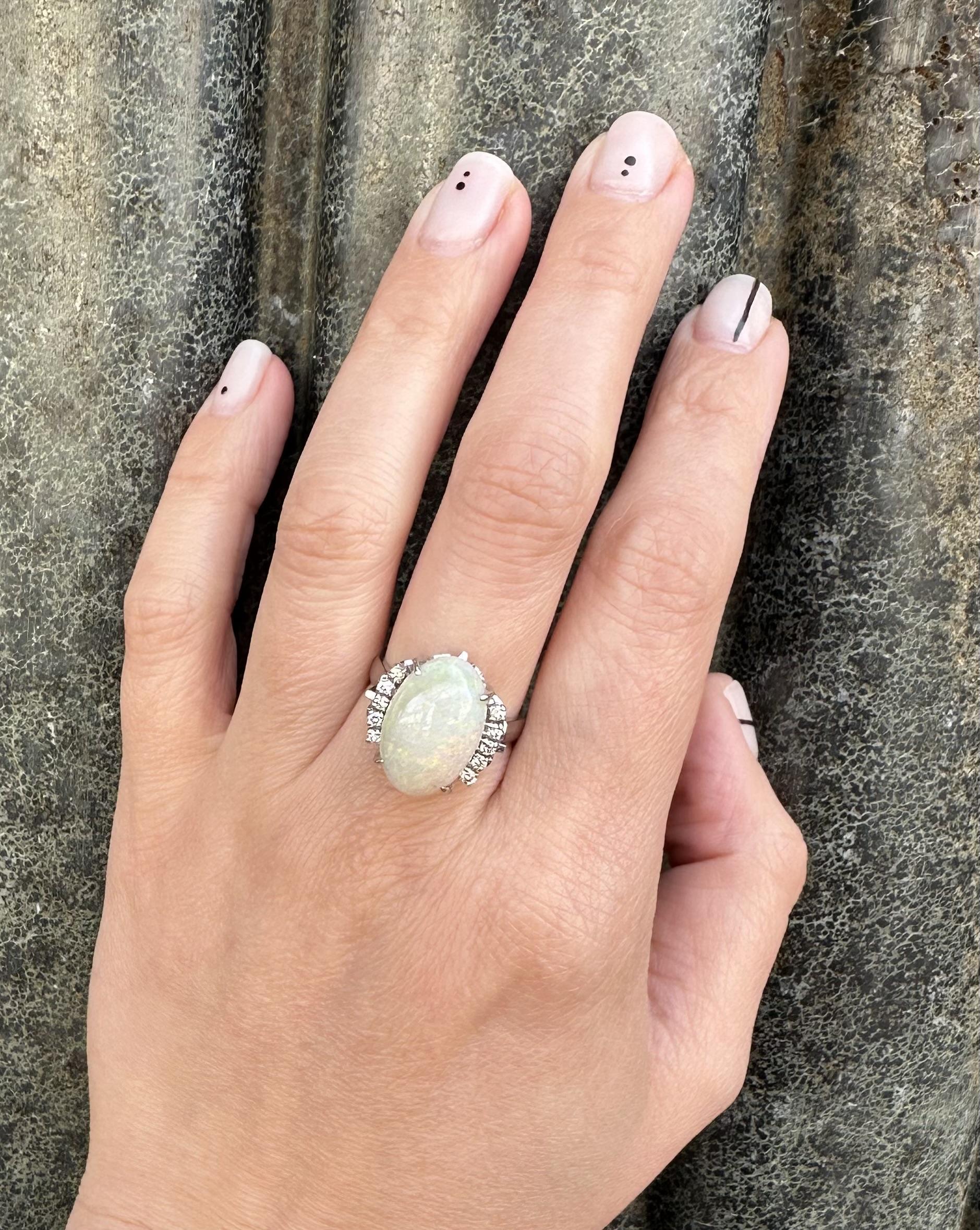 Platinum Large 6.98ctw Oval Cabochon Opal & Diamond Open Work Gallery Ring For Sale 1