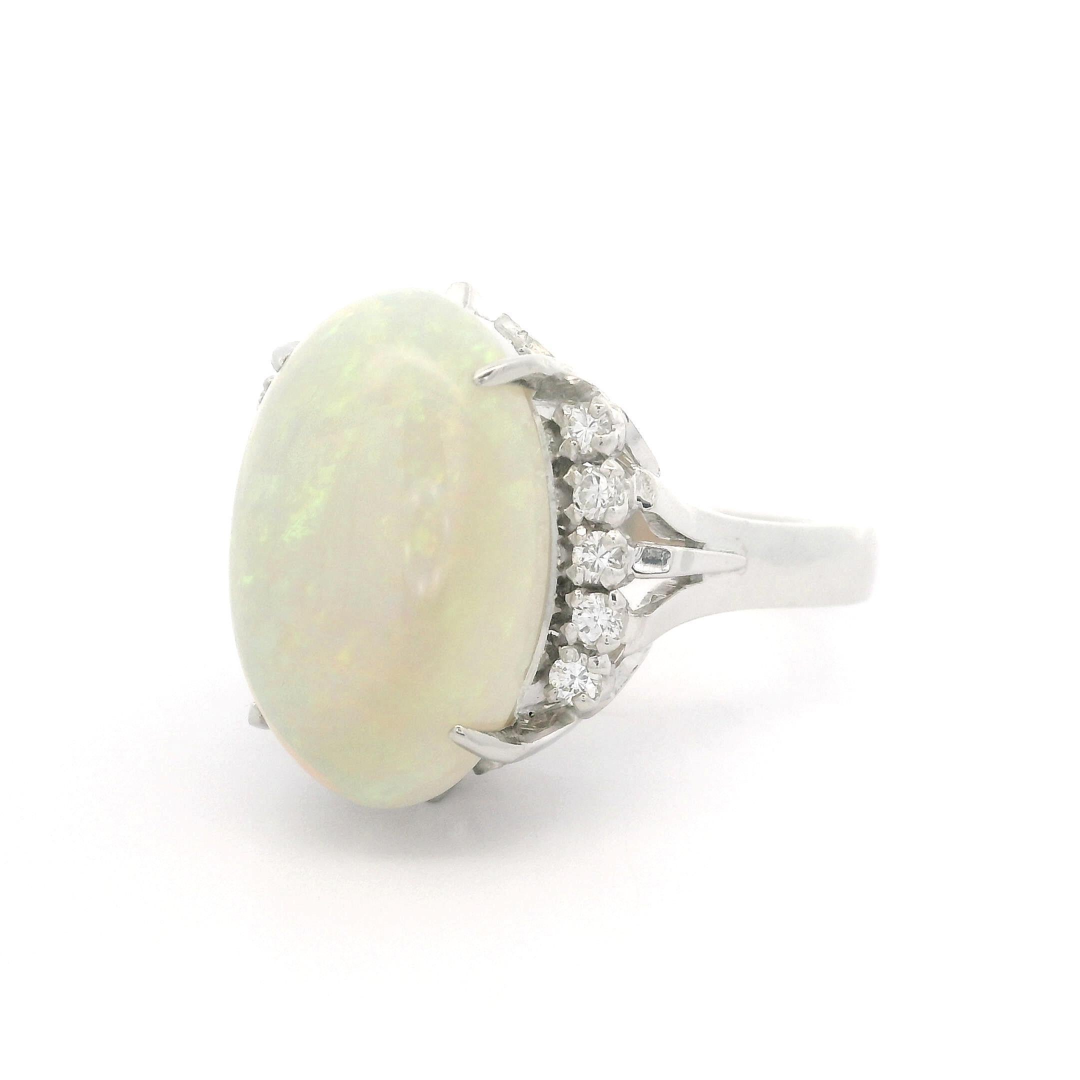 Platinum Large 6.98ctw Oval Cabochon Opal & Diamond Open Work Gallery Ring For Sale 2