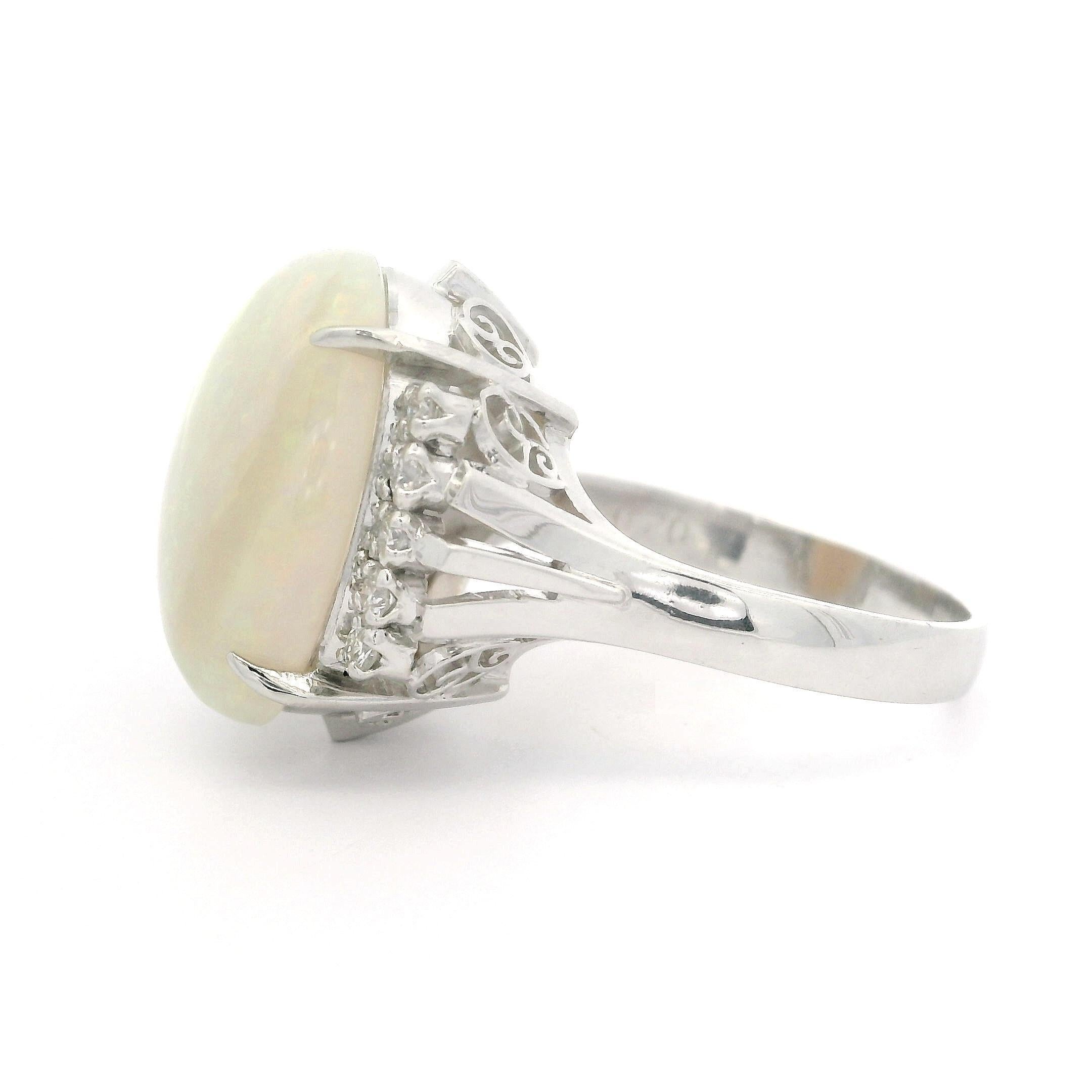 Platinum Large 6.98ctw Oval Cabochon Opal & Diamond Open Work Gallery Ring For Sale 3