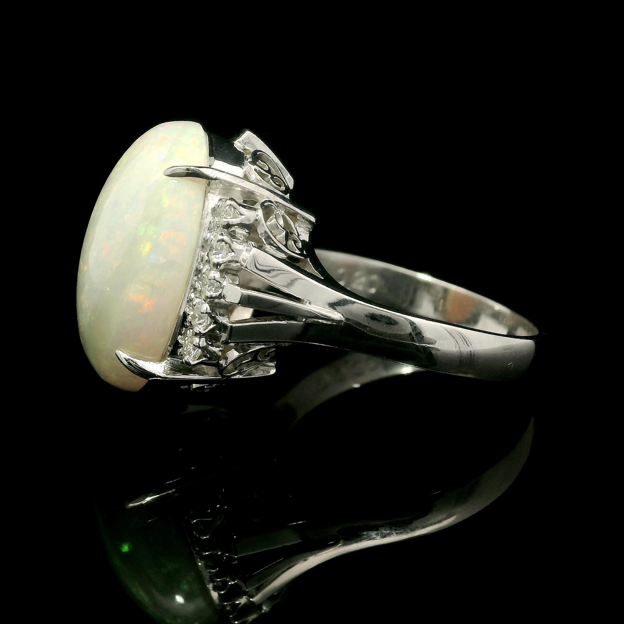 Platinum Large 6.98ctw Oval Cabochon Opal & Diamond Open Work Gallery Ring For Sale 5