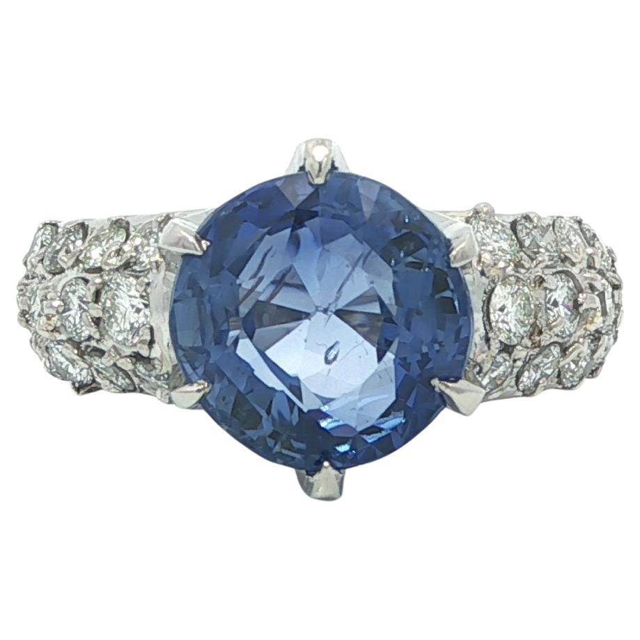 Platinum Large 7.85ctw GIA Round Ceylon No Heat Sapphire w/ Diamond Ring For Sale