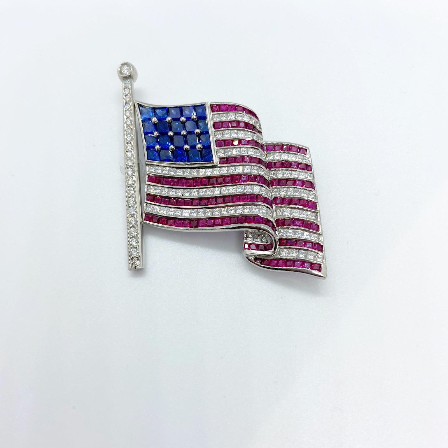 Modern Platinum Large American Flag Brooch with Diamonds, Rubies, and Sapphires For Sale