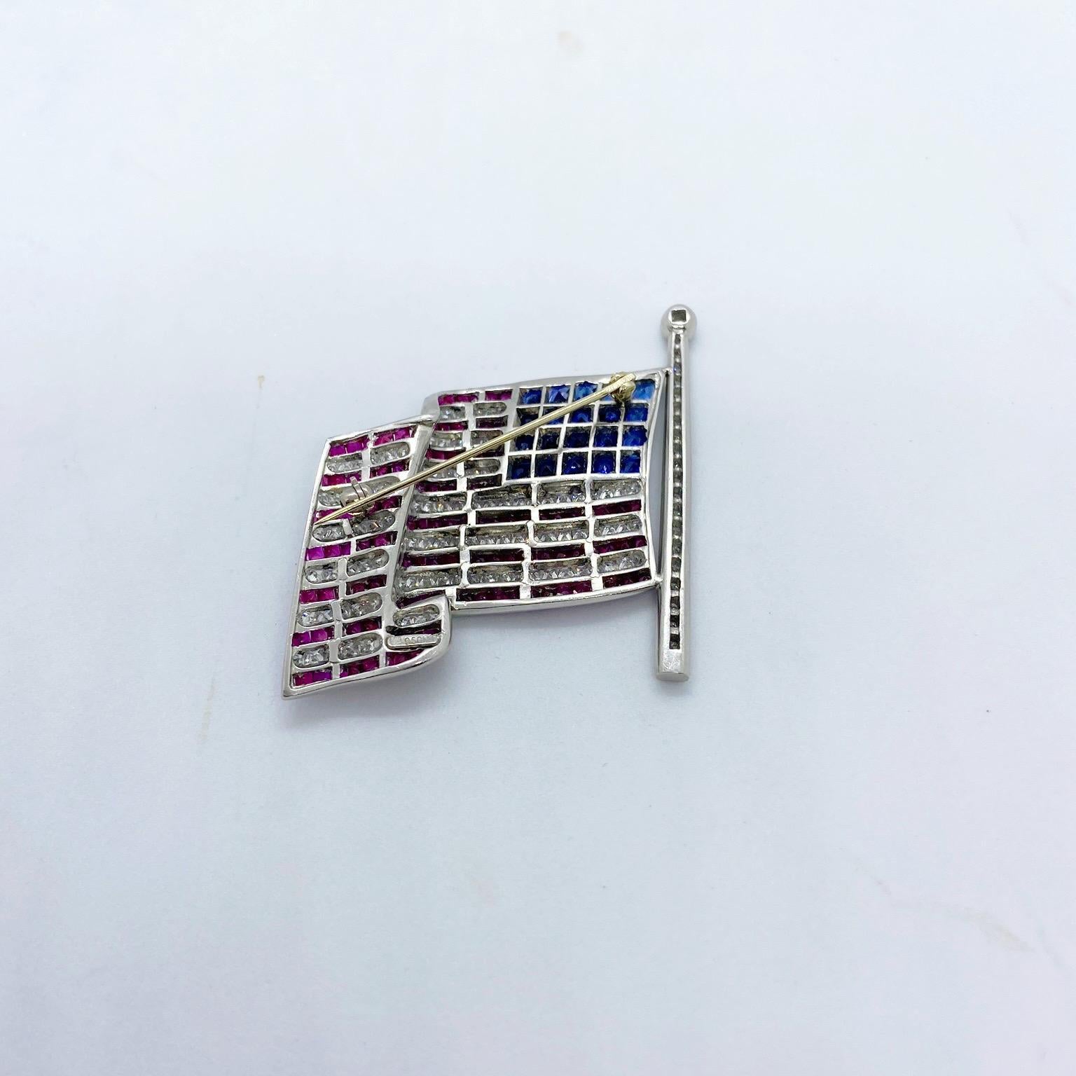 Princess Cut Platinum Large American Flag Brooch with Diamonds, Rubies, and Sapphires For Sale