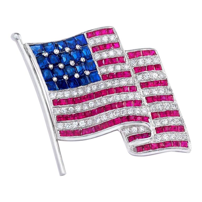 Platinum Large American Flag Brooch with Diamonds, Rubies, and Sapphires For Sale