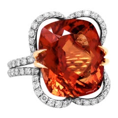 Platinum Large Cushion Cut 15.17 Orange Tourmaline Diamond Cocktail Ring