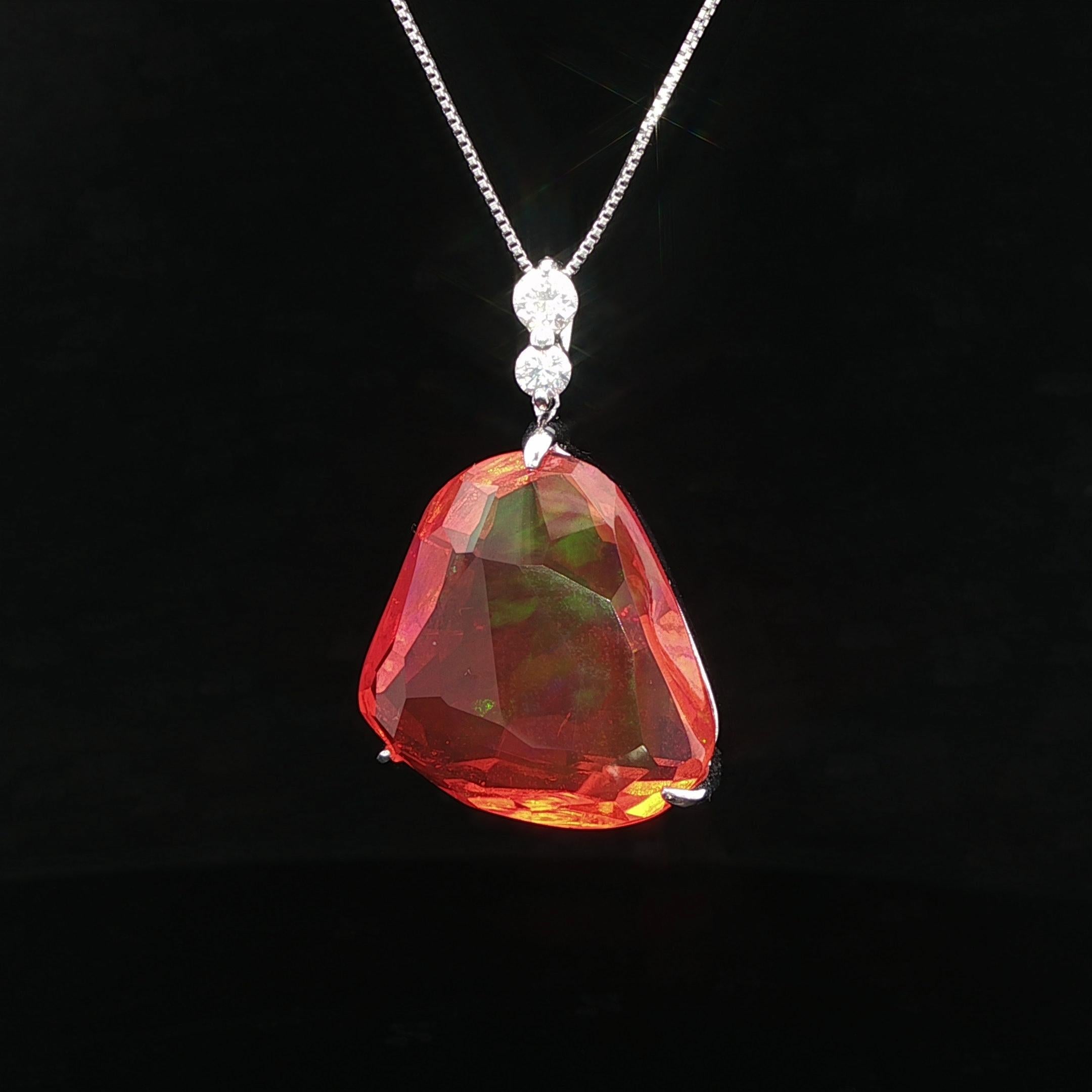 Platinum Large Free Form Fire Jelly Opal & Diamond Pendant Adjustable Box Chain For Sale 5
