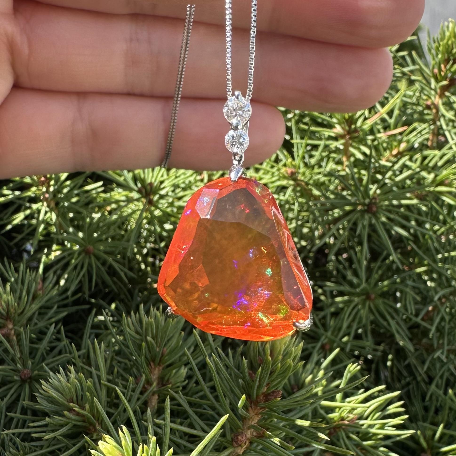 Platinum Large Free Form Fire Jelly Opal & Diamond Pendant Adjustable Box Chain For Sale 6