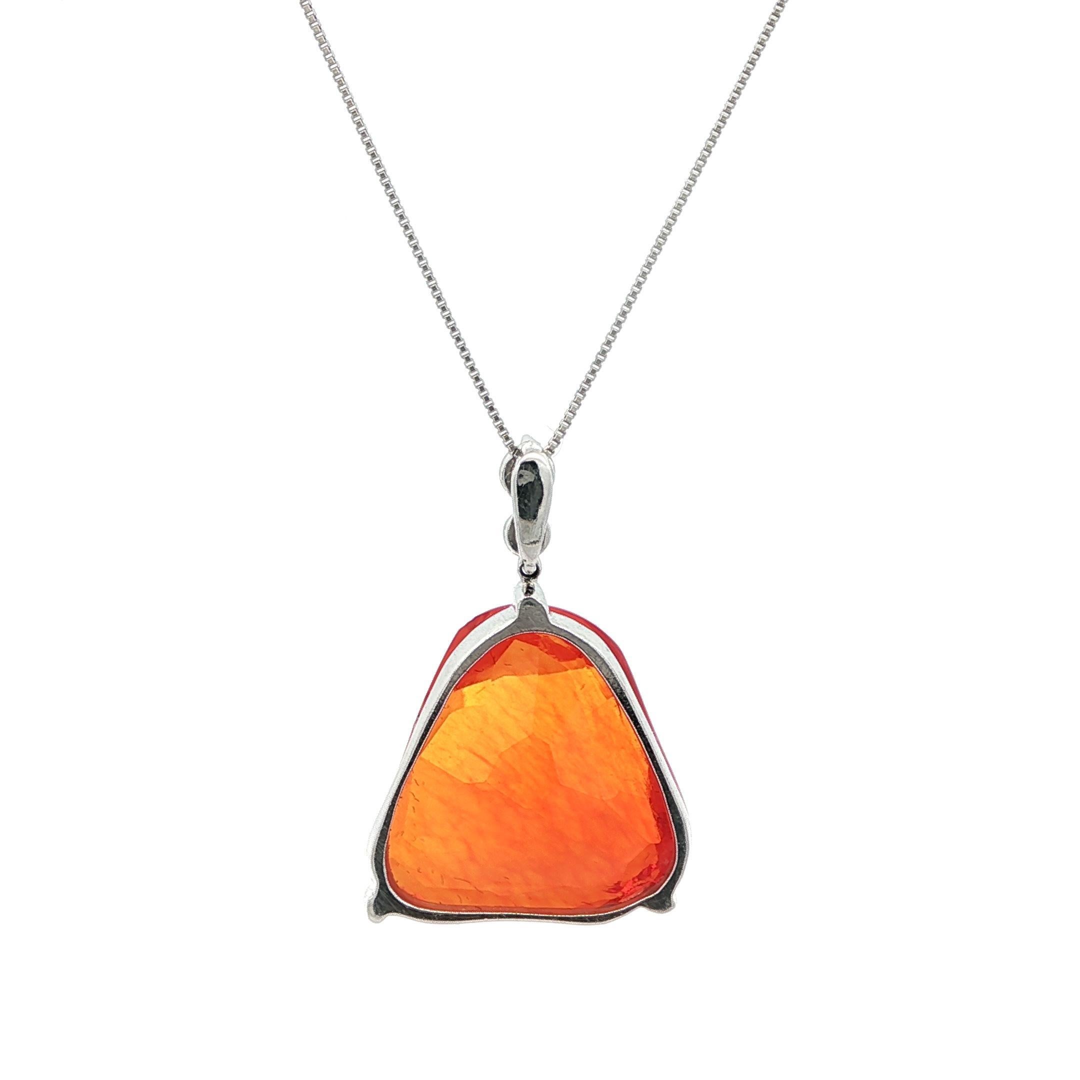 Brilliant Cut Platinum Large Free Form Fire Jelly Opal & Diamond Pendant Adjustable Box Chain For Sale