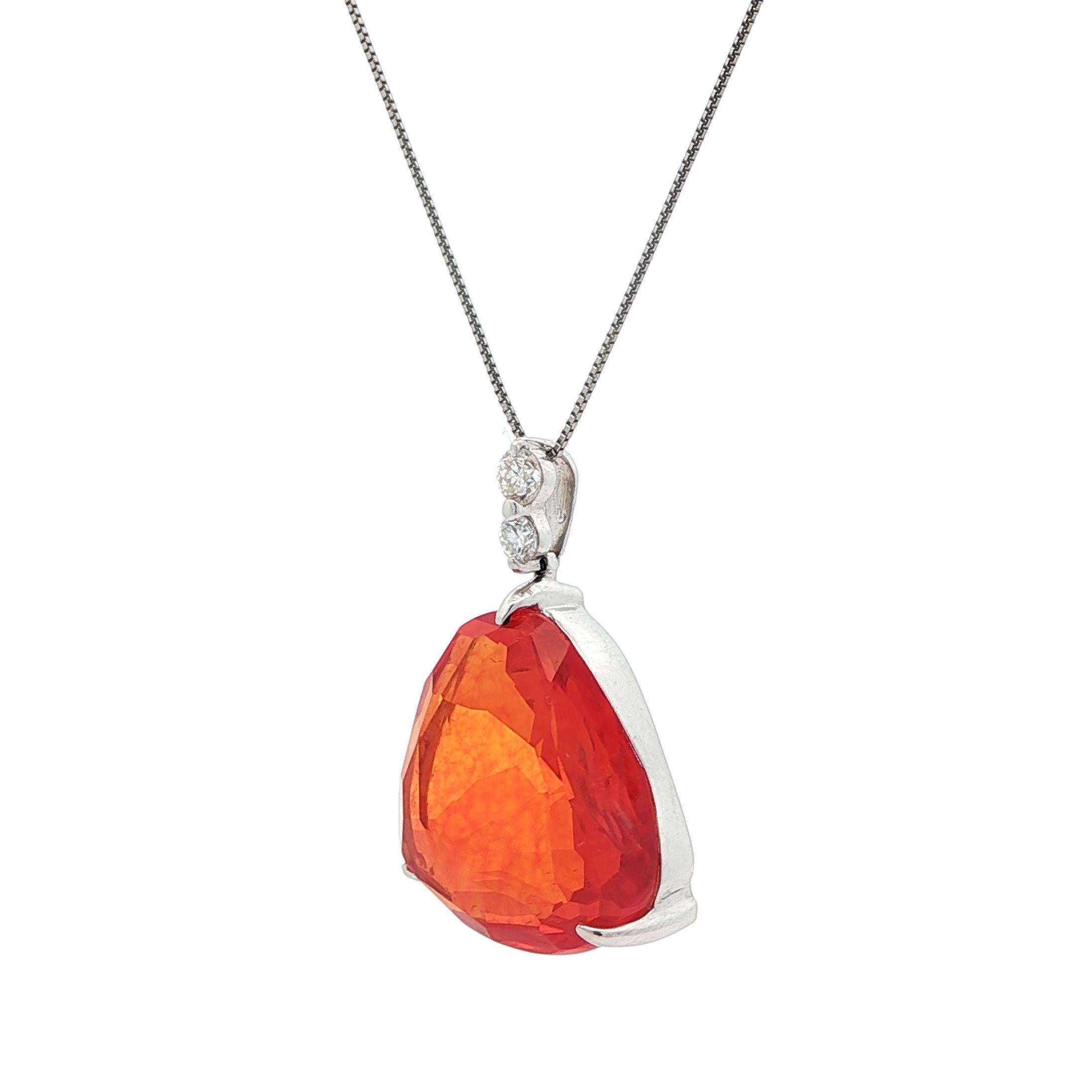 Platinum Large Free Form Fire Jelly Opal & Diamond Pendant Adjustable Box Chain In Excellent Condition For Sale In Montclair, NJ