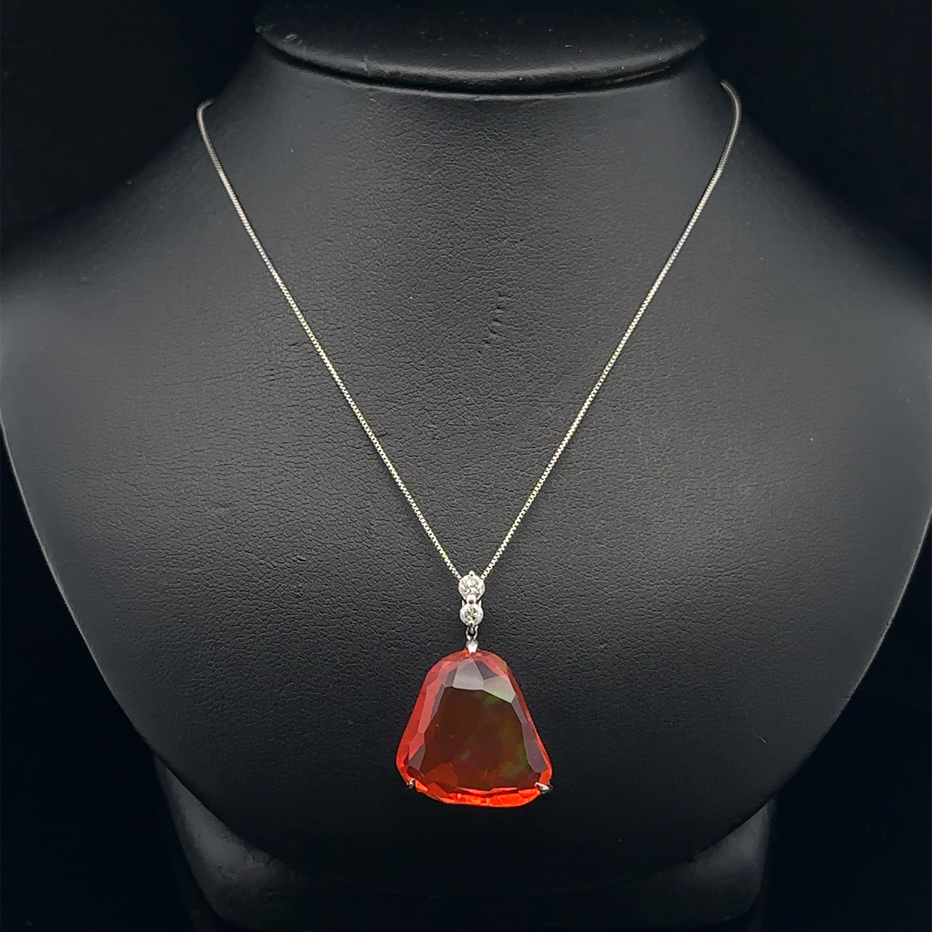 Women's Platinum Large Free Form Fire Jelly Opal & Diamond Pendant Adjustable Box Chain For Sale