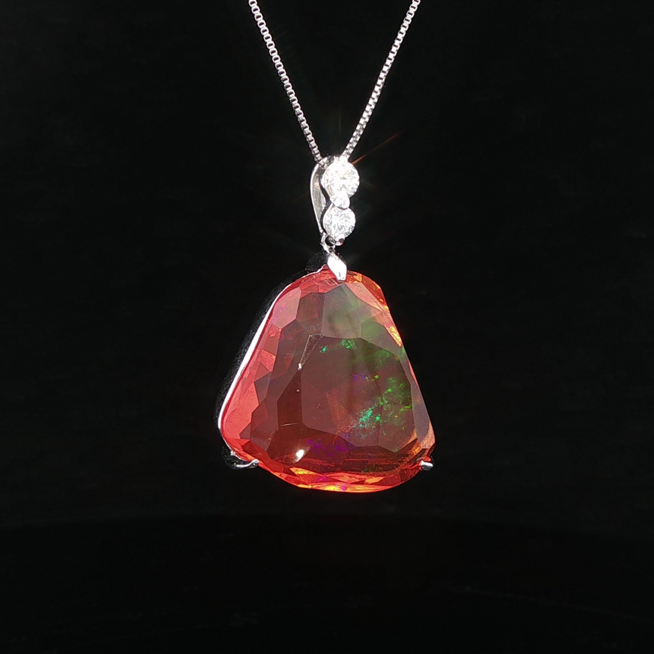 Platinum Large Free Form Fire Jelly Opal & Diamond Pendant Adjustable Box Chain For Sale 1