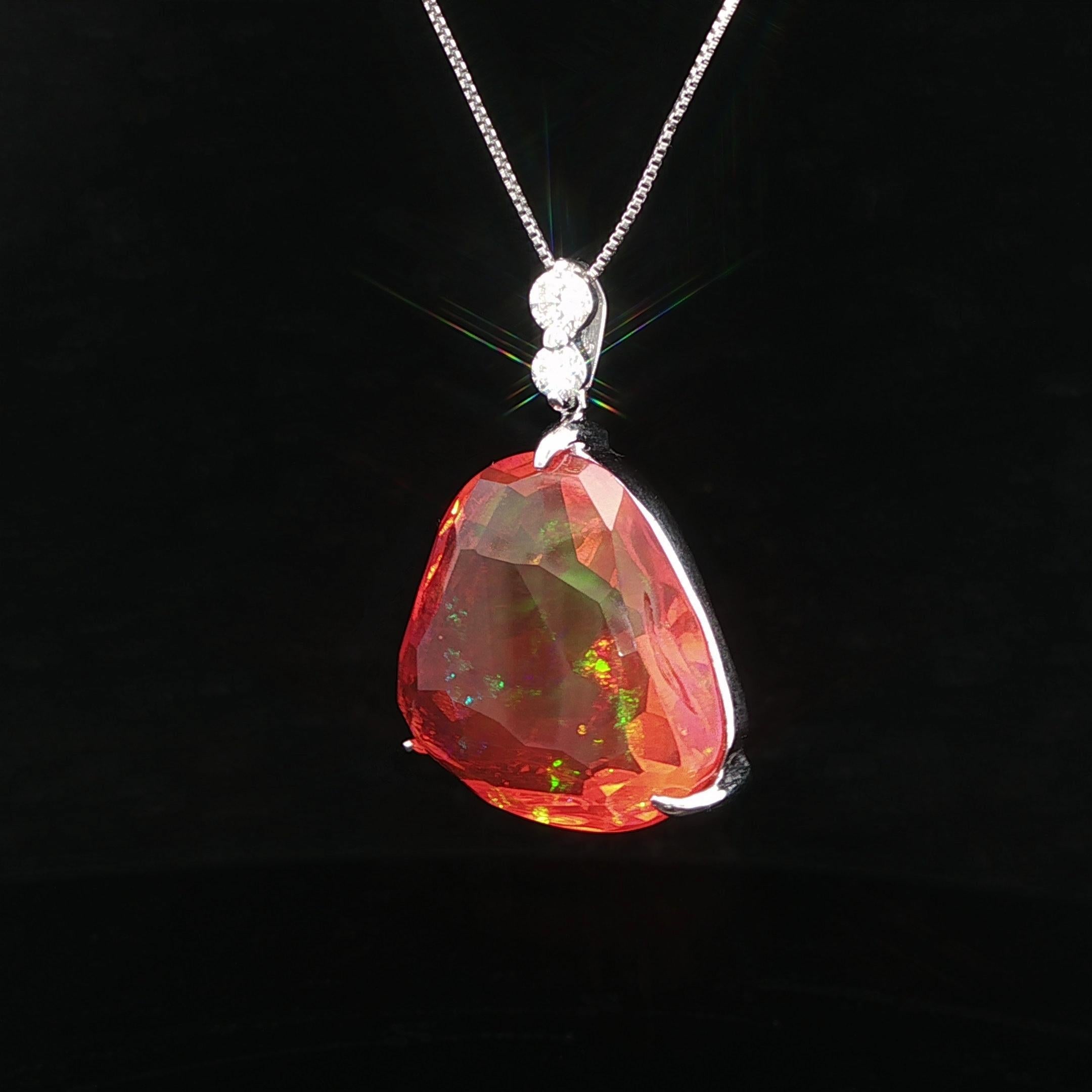Platinum Large Free Form Fire Jelly Opal & Diamond Pendant Adjustable Box Chain For Sale 2