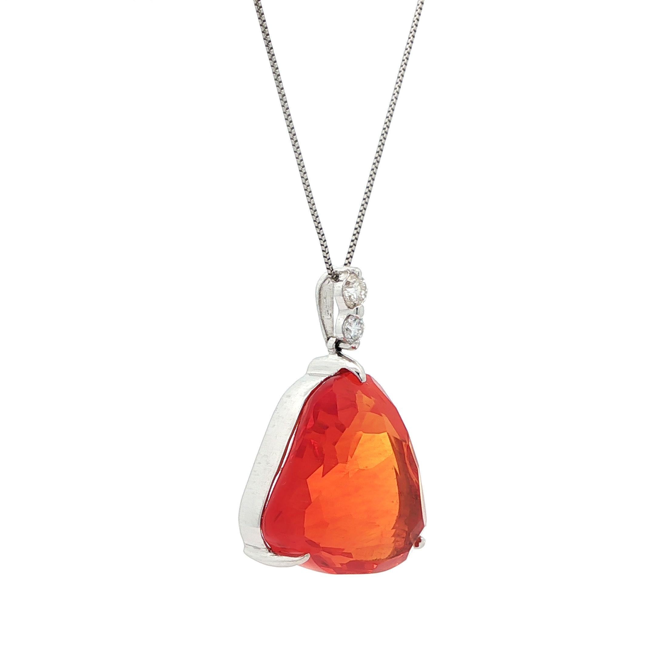Platinum Large Free Form Fire Jelly Opal & Diamond Pendant Adjustable Box Chain For Sale 4