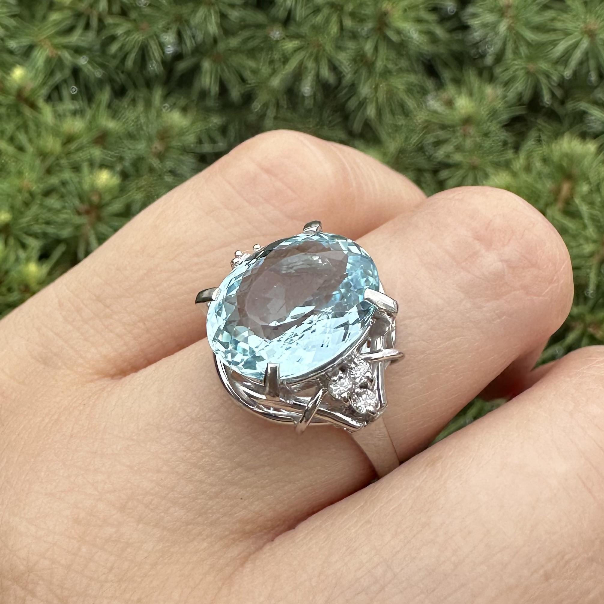 –Stone(s): –
(1) Natural Genuine Aquamarine - Oval Cut - Prong Set - Brilliant Blue Color - 13.6 x 10.7mm (approx.) - 5.45ctw (exact)
(6) Natural Genuine Diamonds - Round Brilliant Cut - Prong Set - Nice Brilliant White Diamonds - 0.14ctw