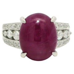 Platinum Large Oval Cabochon Star Ruby 0.44ctw Diamond Statement Cocktail Ring
