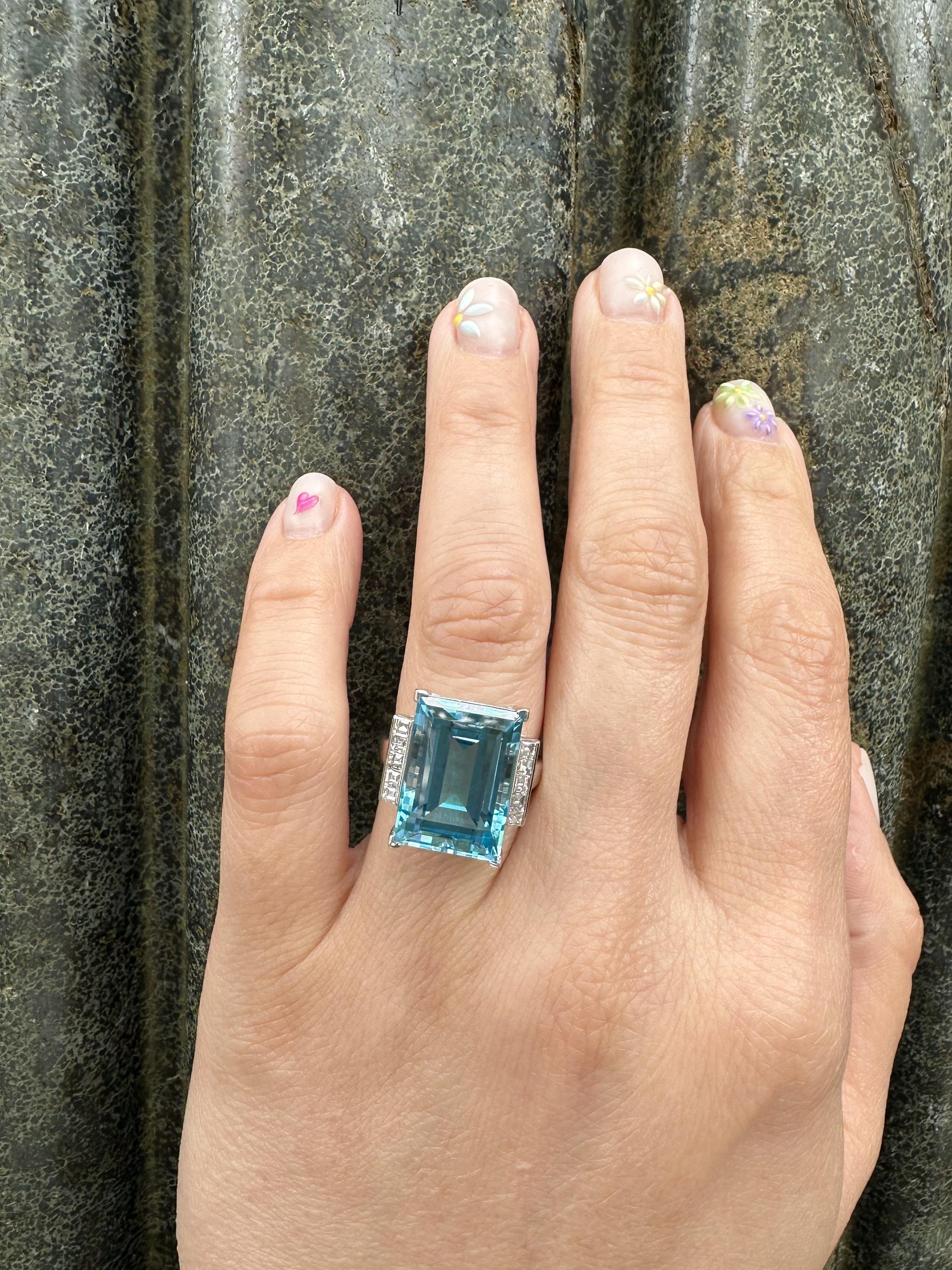 Platinum Large Rectangular Step Cut Blue Topaz Carre Diamond Sides Ring 5