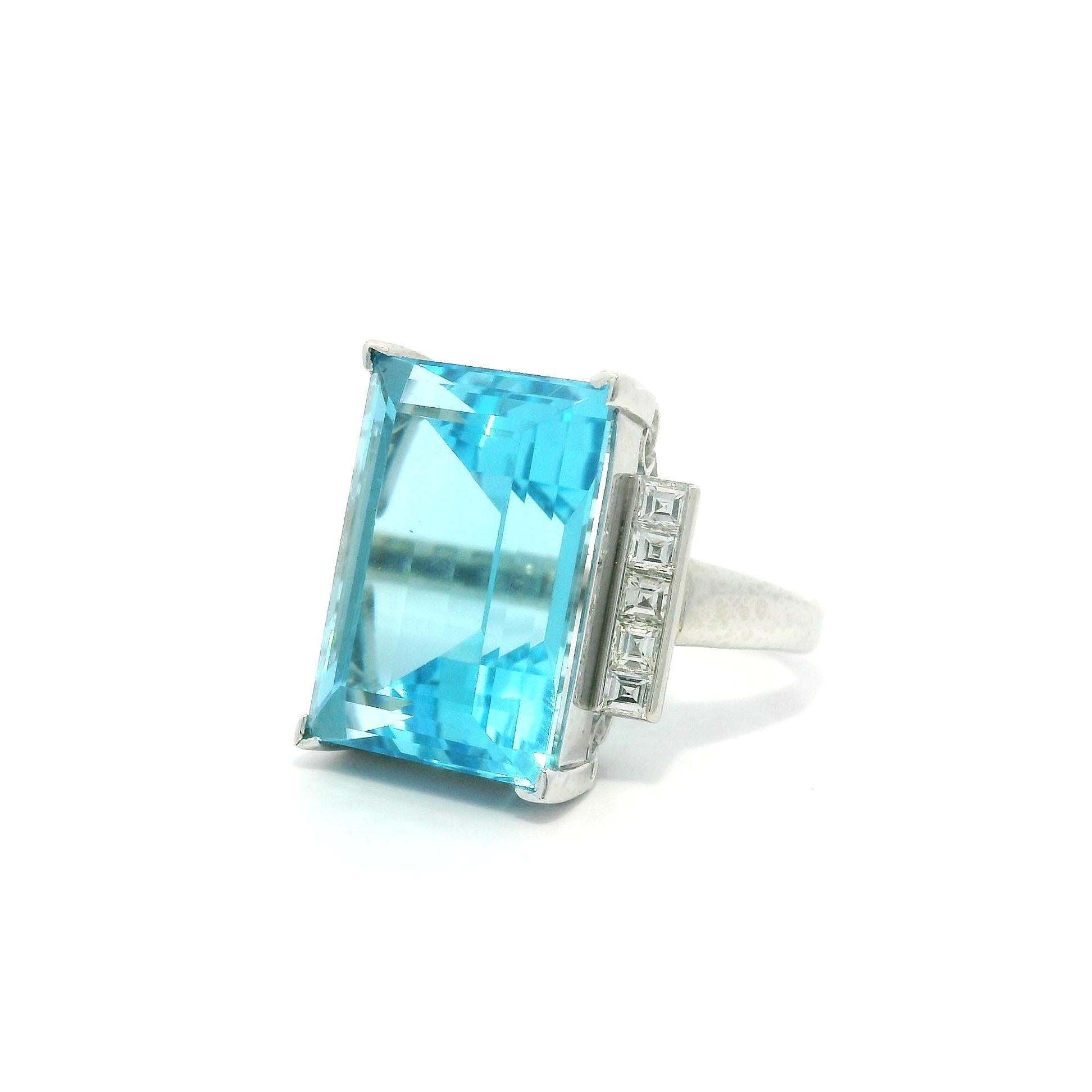 Platinum Large Rectangular Step Cut Blue Topaz Carre Diamond Sides Ring 6