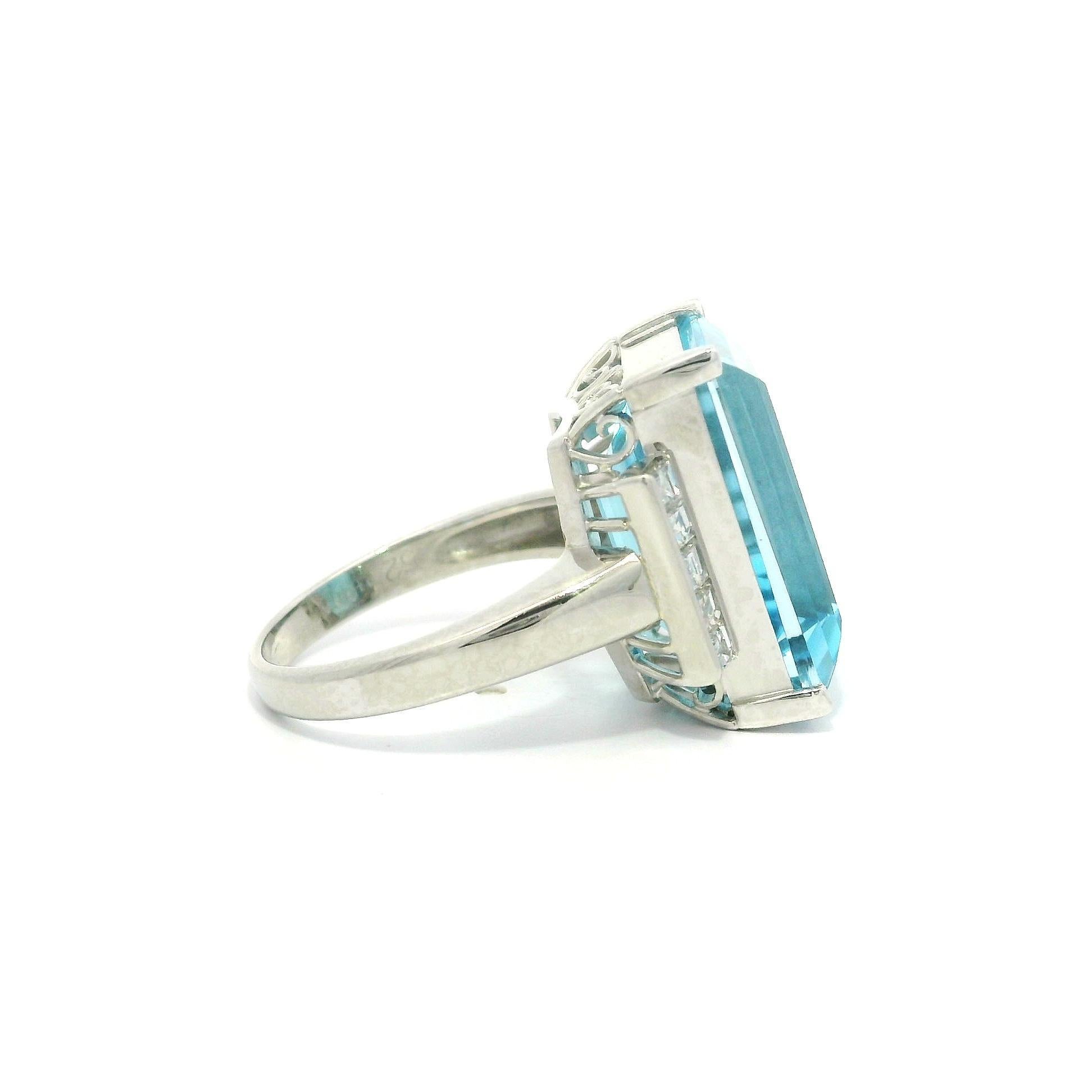 Platinum Large Rectangular Step Cut Blue Topaz Carre Diamond Sides Ring 9