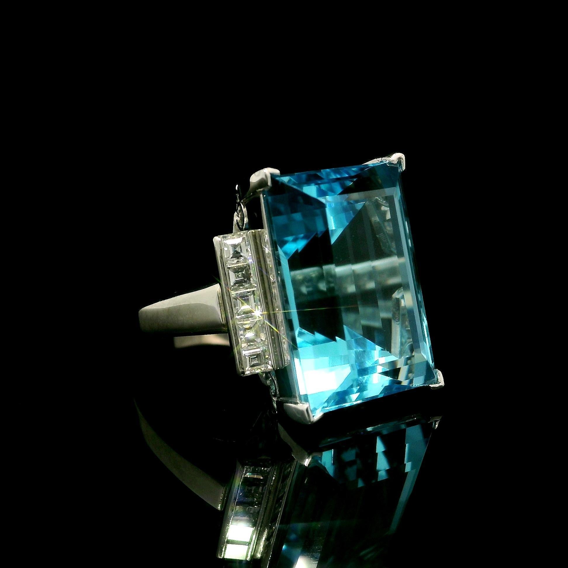 Platinum Large Rectangular Step Cut Blue Topaz Carre Diamond Sides Ring 10