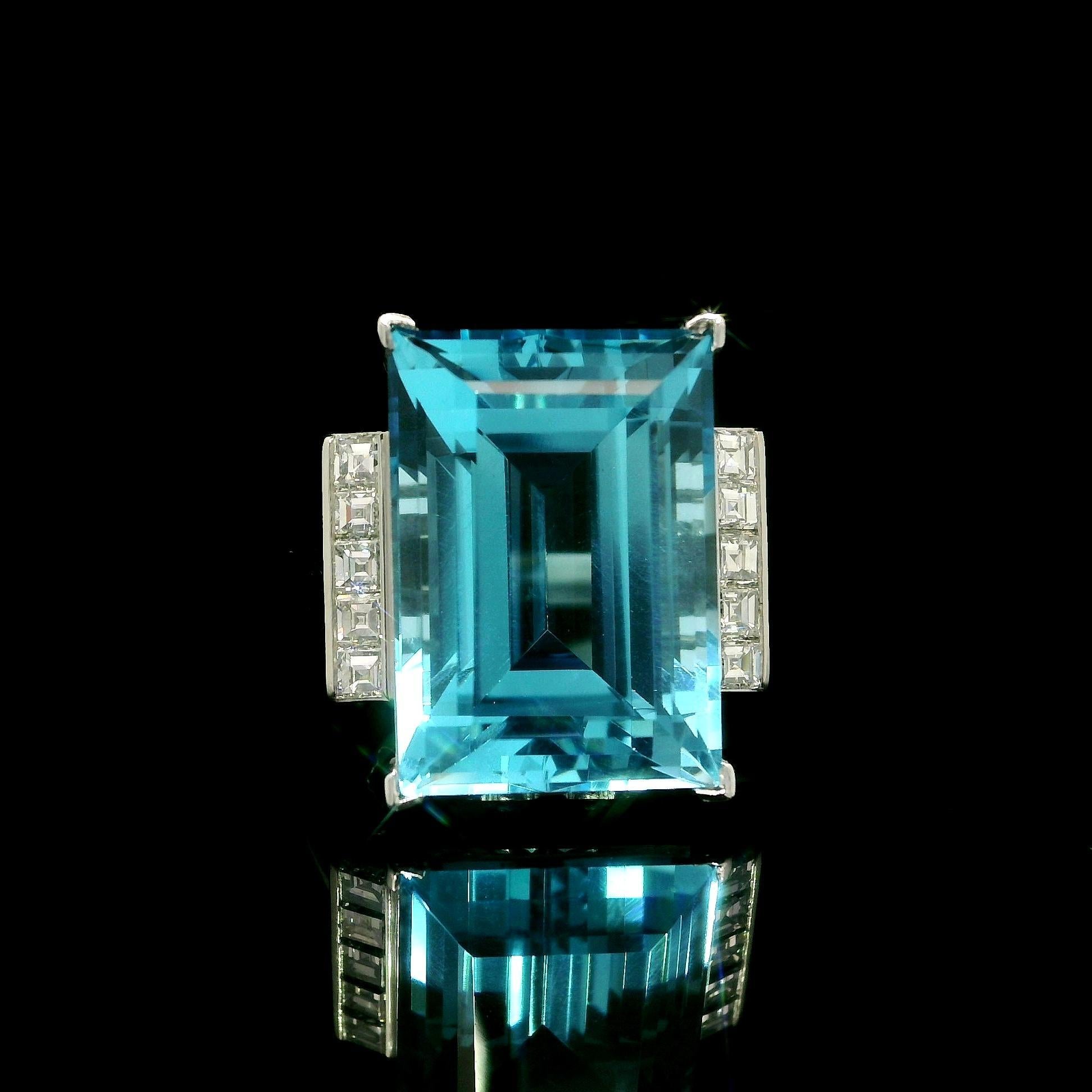 Platinum Large Rectangular Step Cut Blue Topaz Carre Diamond Sides Ring 13
