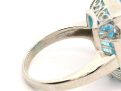 Platinum Large Rectangular Step Cut Blue Topaz Carre Diamond Sides Ring