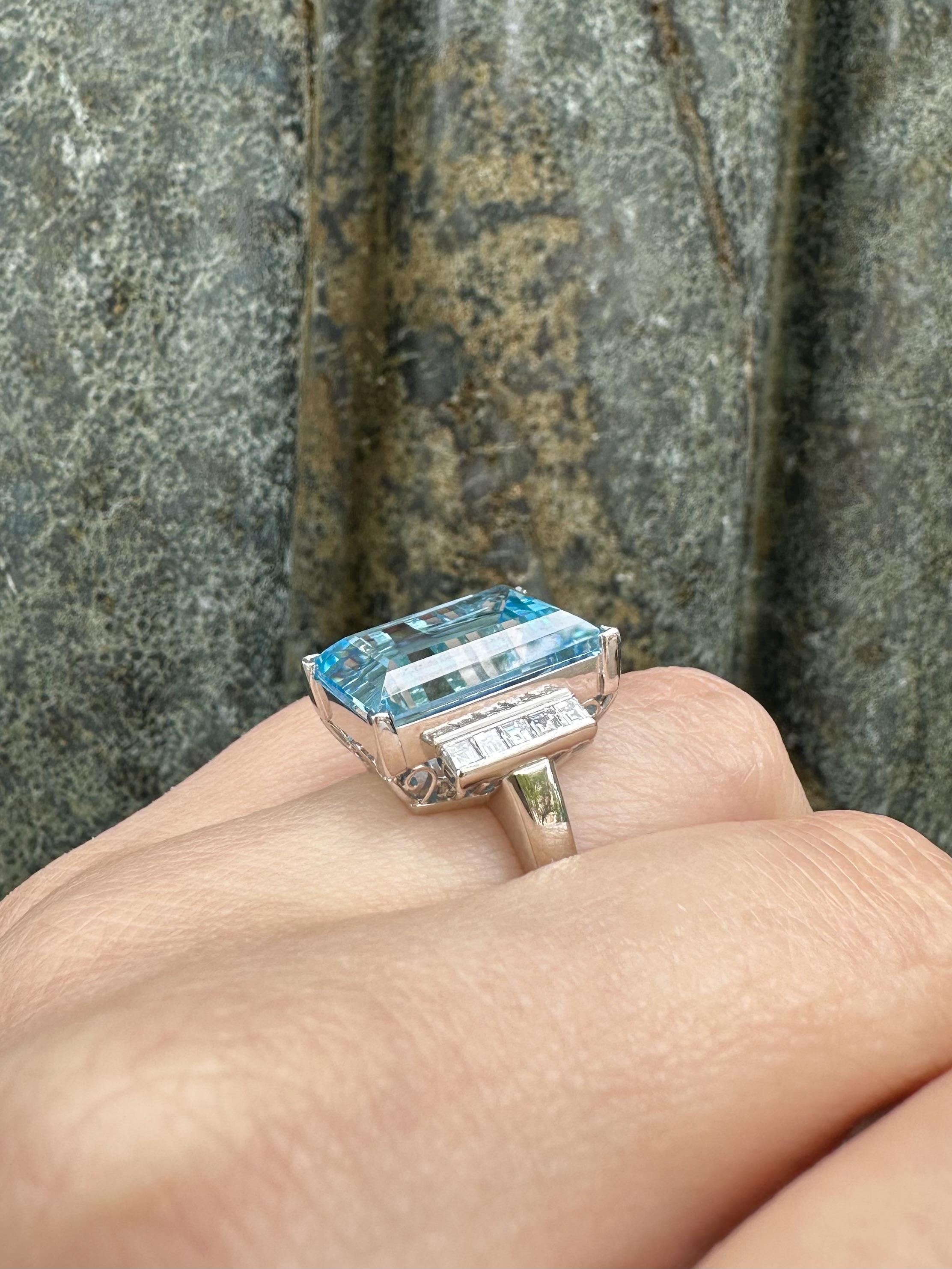 Platinum Large Rectangular Step Cut Blue Topaz Carre Diamond Sides Ring In Excellent Condition In Montclair, NJ