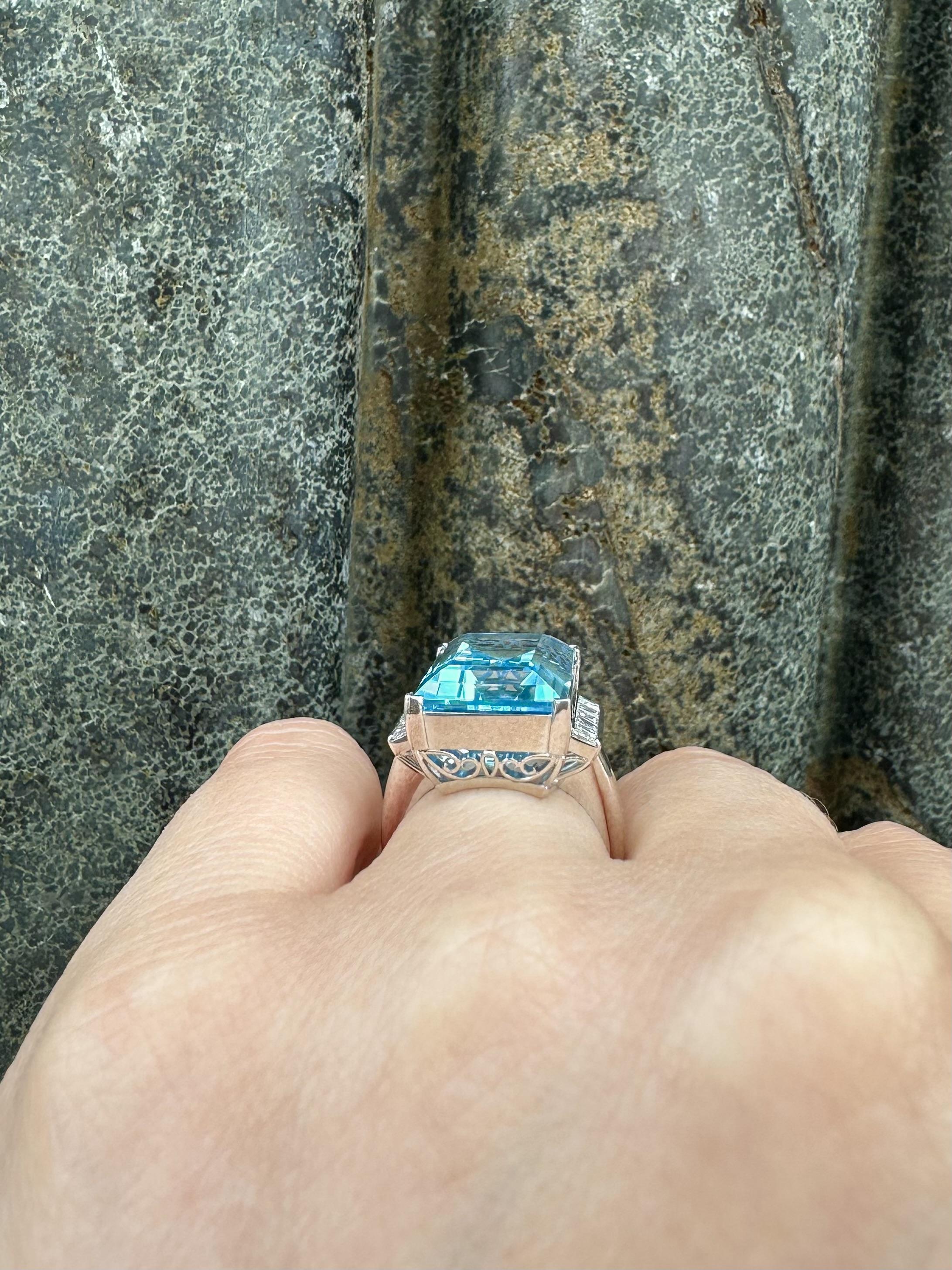 Women's Platinum Large Rectangular Step Cut Blue Topaz Carre Diamond Sides Ring