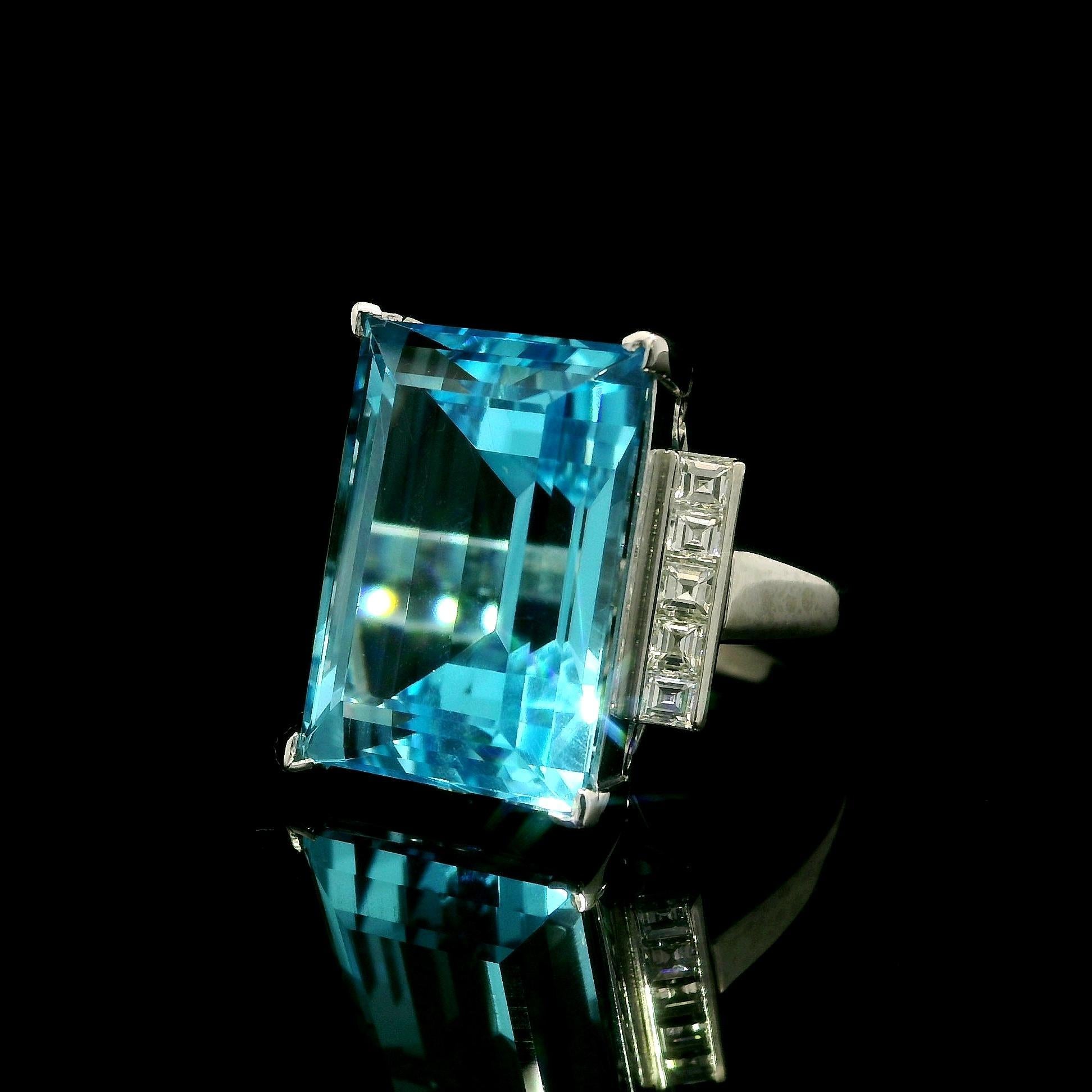 Platinum Large Rectangular Step Cut Blue Topaz Carre Diamond Sides Ring 1