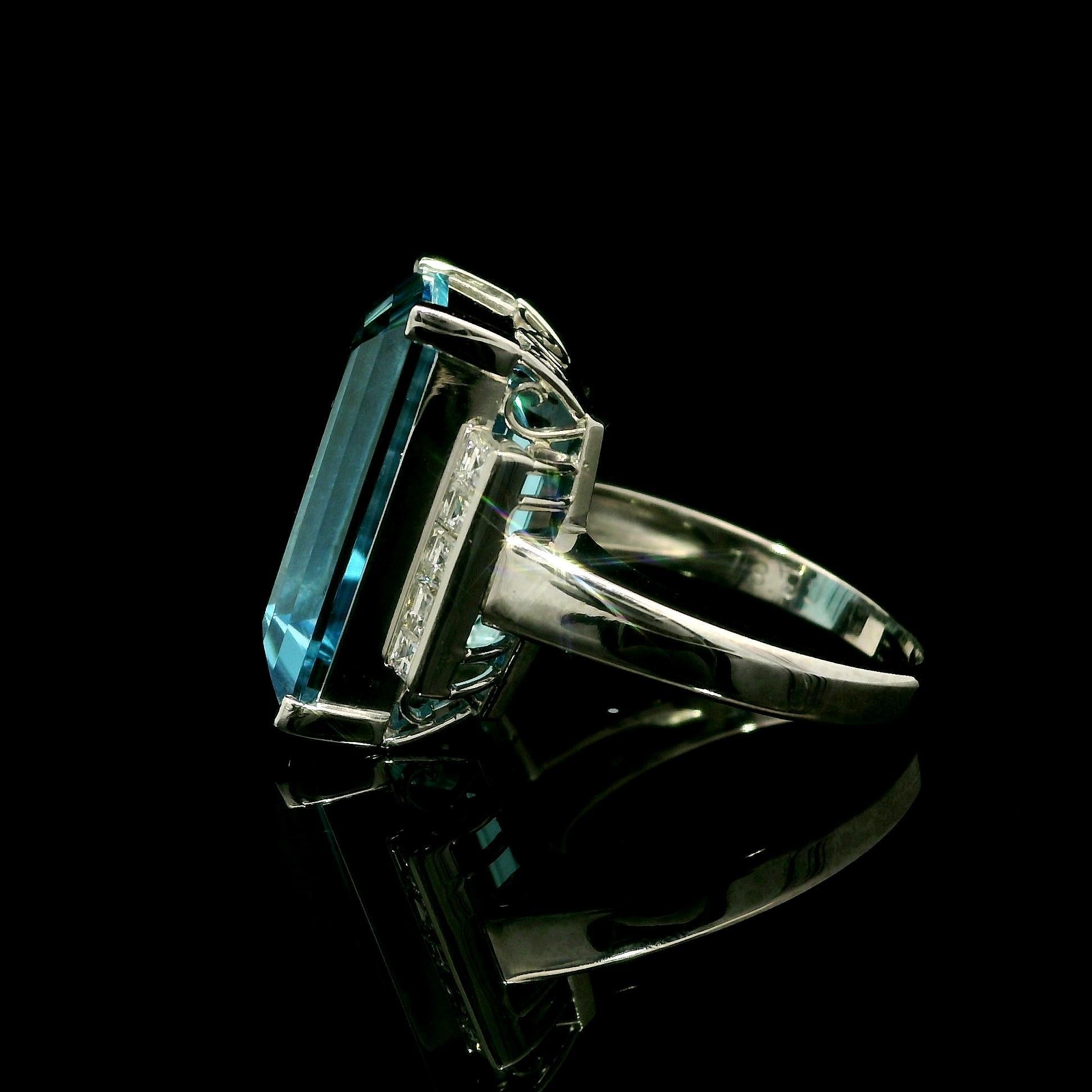 Platinum Large Rectangular Step Cut Blue Topaz Carre Diamond Sides Ring 2