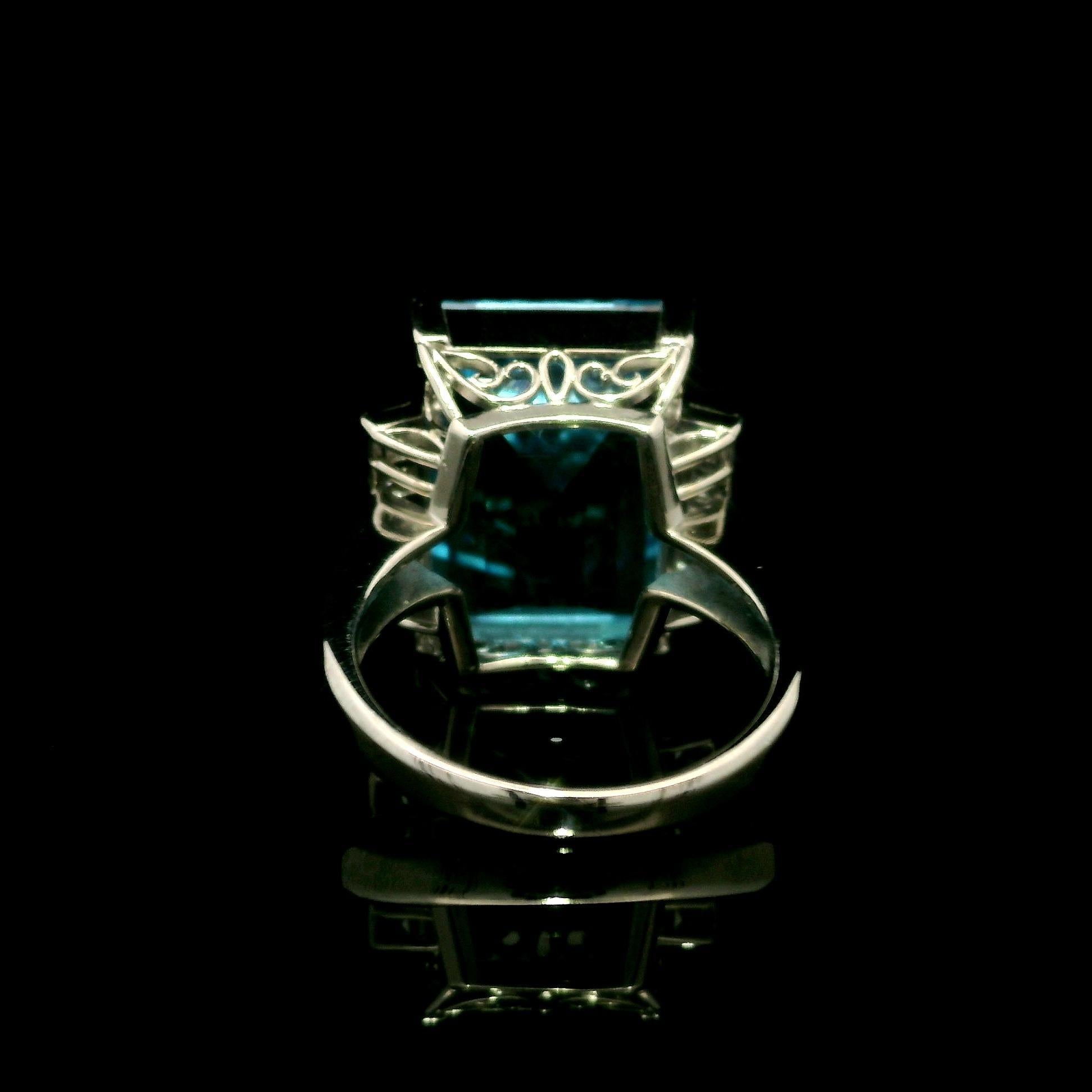 Platinum Large Rectangular Step Cut Blue Topaz Carre Diamond Sides Ring 3