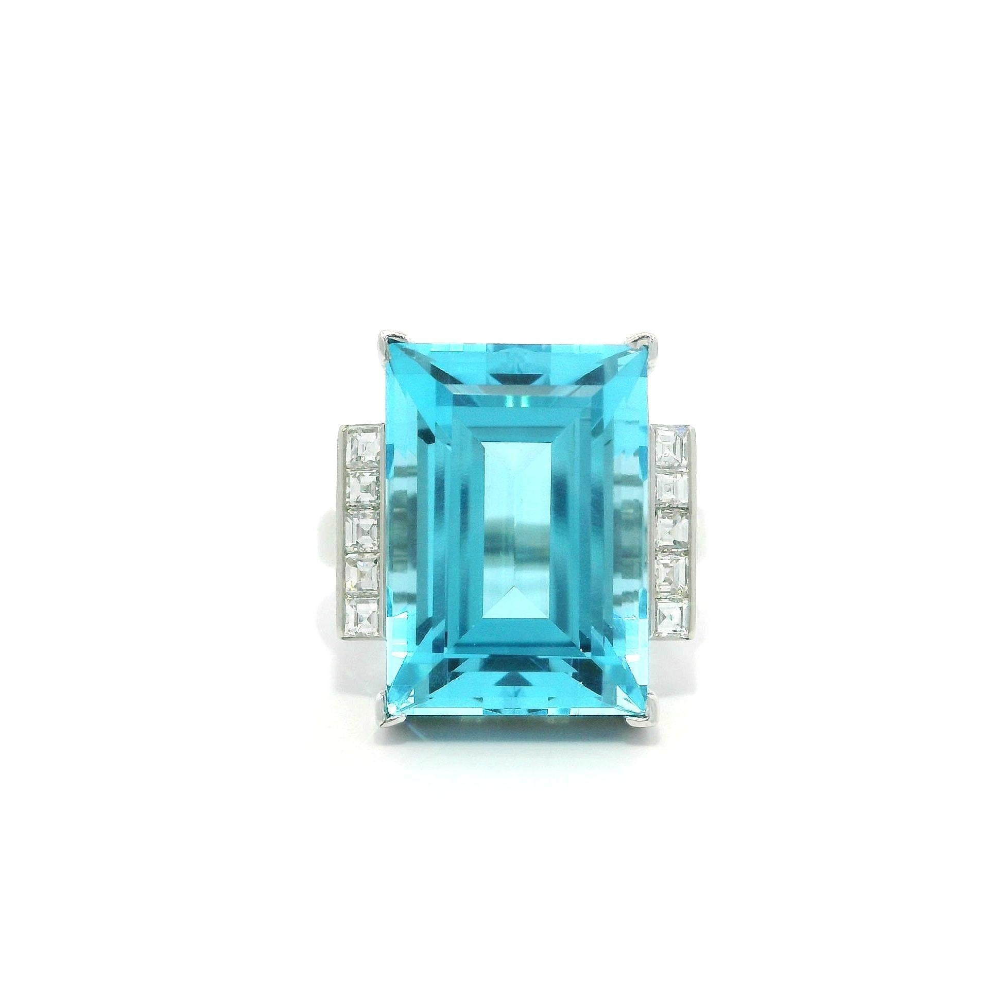 Platinum Large Rectangular Step Cut Blue Topaz Carre Diamond Sides Ring