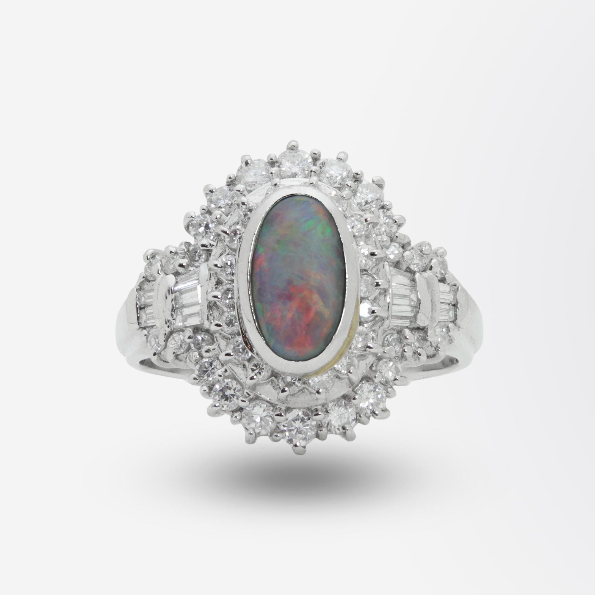 Modern Platinum, Lightning Ridge Opal and Diamond Ring For Sale