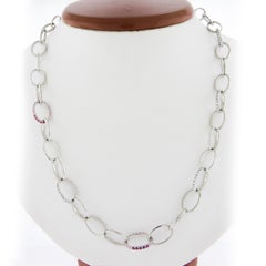 Platinum Long 29" Open Oval Link Chain Slip On Necklace w/ Diamond & Pink Stones