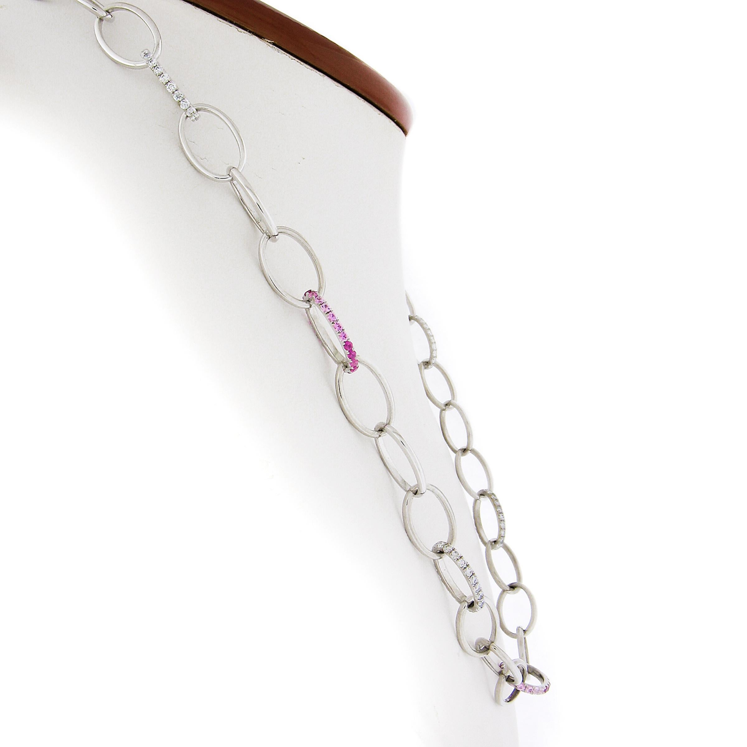 Taille ronde Long collier à maillons ovales ouverts de 29 pouces avec diamants et pierres roses en vente