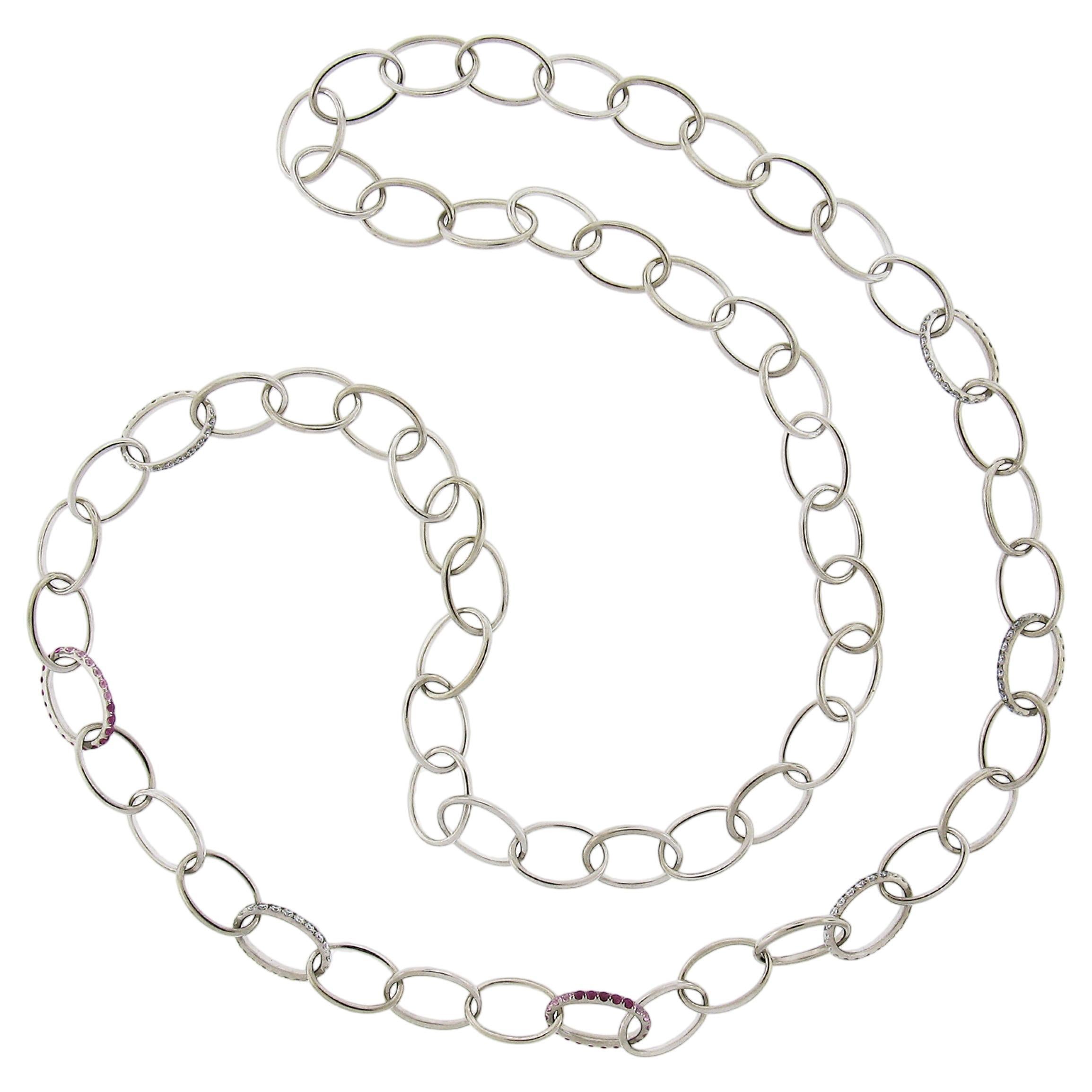 Platinum Long 29" Open Oval Link Chain Slip On Necklace w/ Diamond & Pink Stones For Sale
