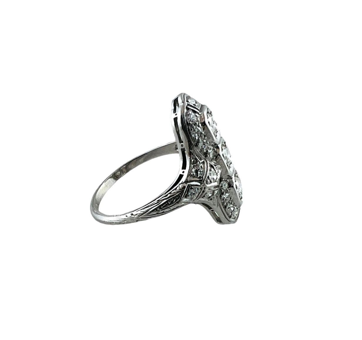 Brilliant Cut Platinum Long Filigree Diamond Ring 1.0 cttw #16583 For Sale