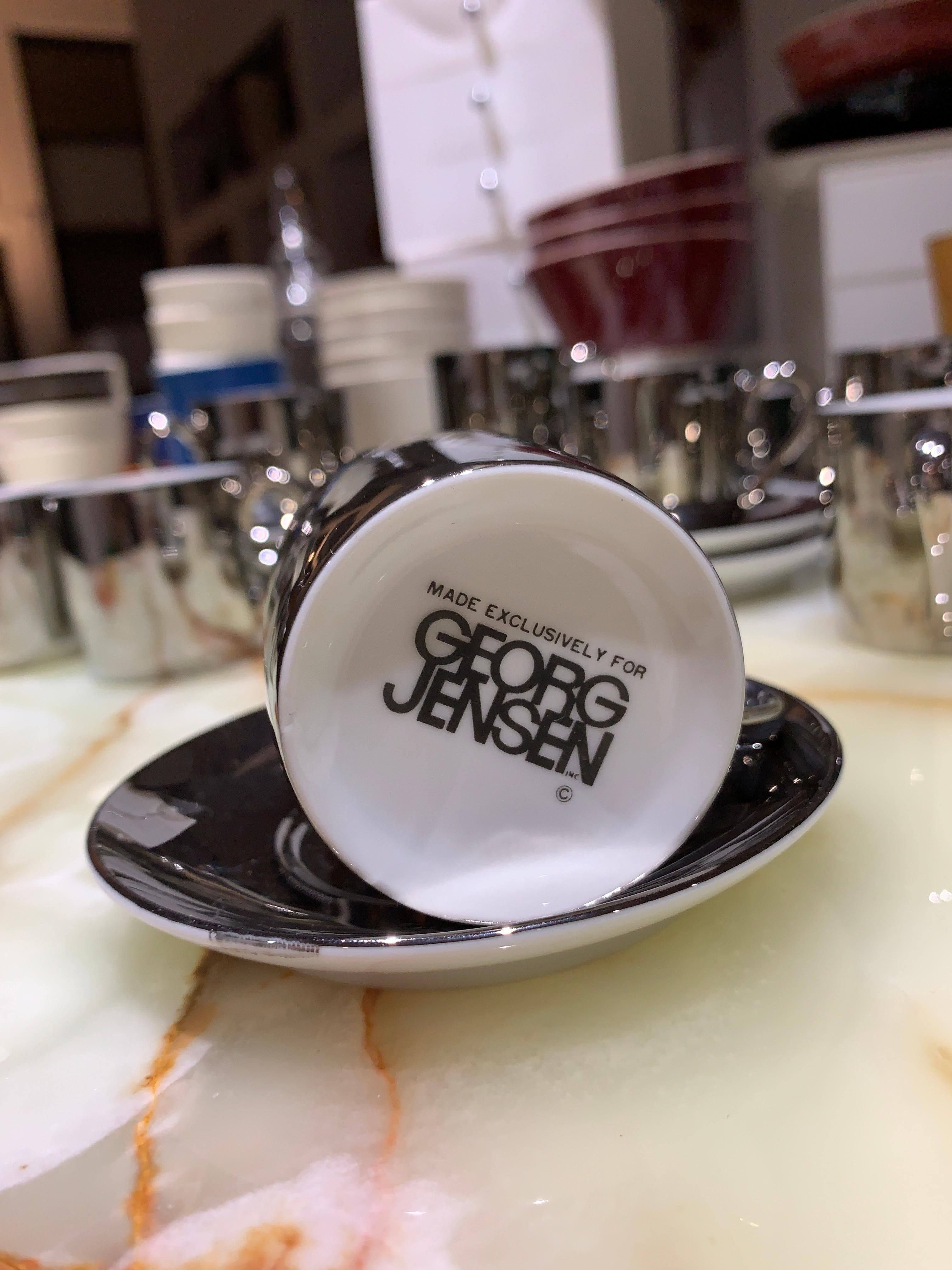 Modern Porcelain George Jensen Demitasse Cups, Set of 12, Platinum Lustre, White