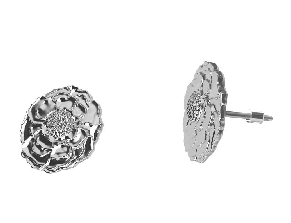 Platinum Marigold Stud Earrings, The challenging petals of the Marigold flower. What a great flower.  From one of my drawings printed into letterpress. This is petite. 3/8th inch  or 10-11 mm diameter. All the same detail as the 19 mm cuff