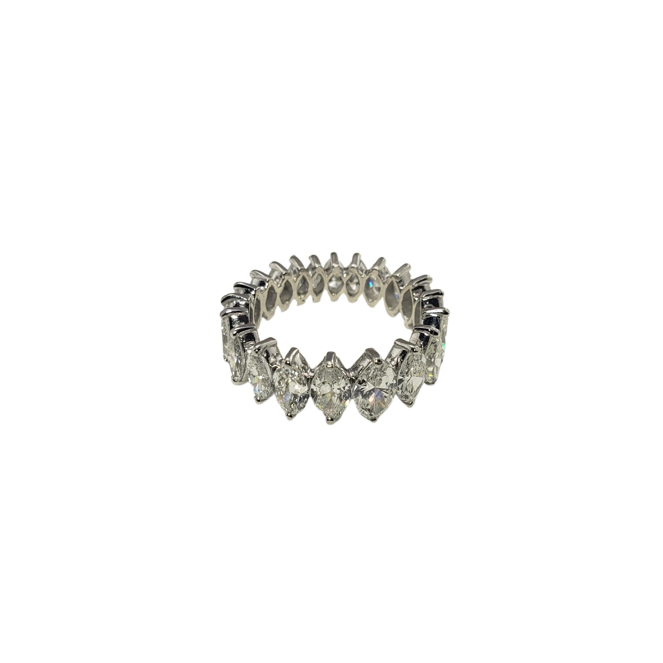 Platinum Gold Marquise Diamond Eternity Band Ring Size 6.75

This sparkling eternity band features 21 graduated marquis diamonds set in platinum.  

Width:  8 mm.

Approximate total diamond weight:  3.85 cts (largest stone is .48cts)

Diamond color: