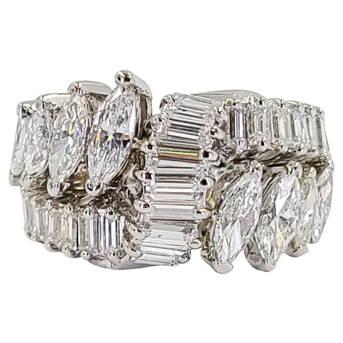 Platinum Marquise and Baguette Cut Diamond Cluster Ring
