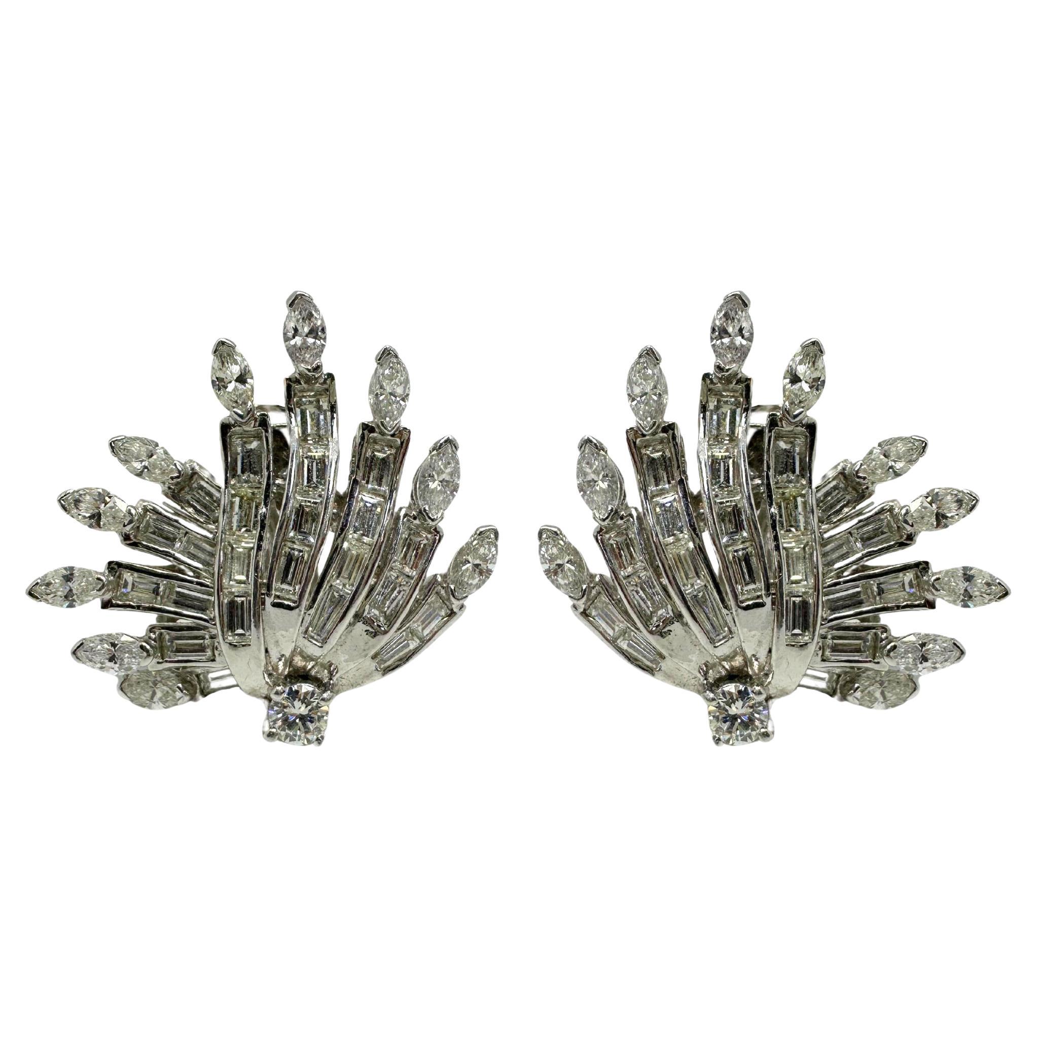Platinum Marquise and Baguette Cut Diamond Earrings