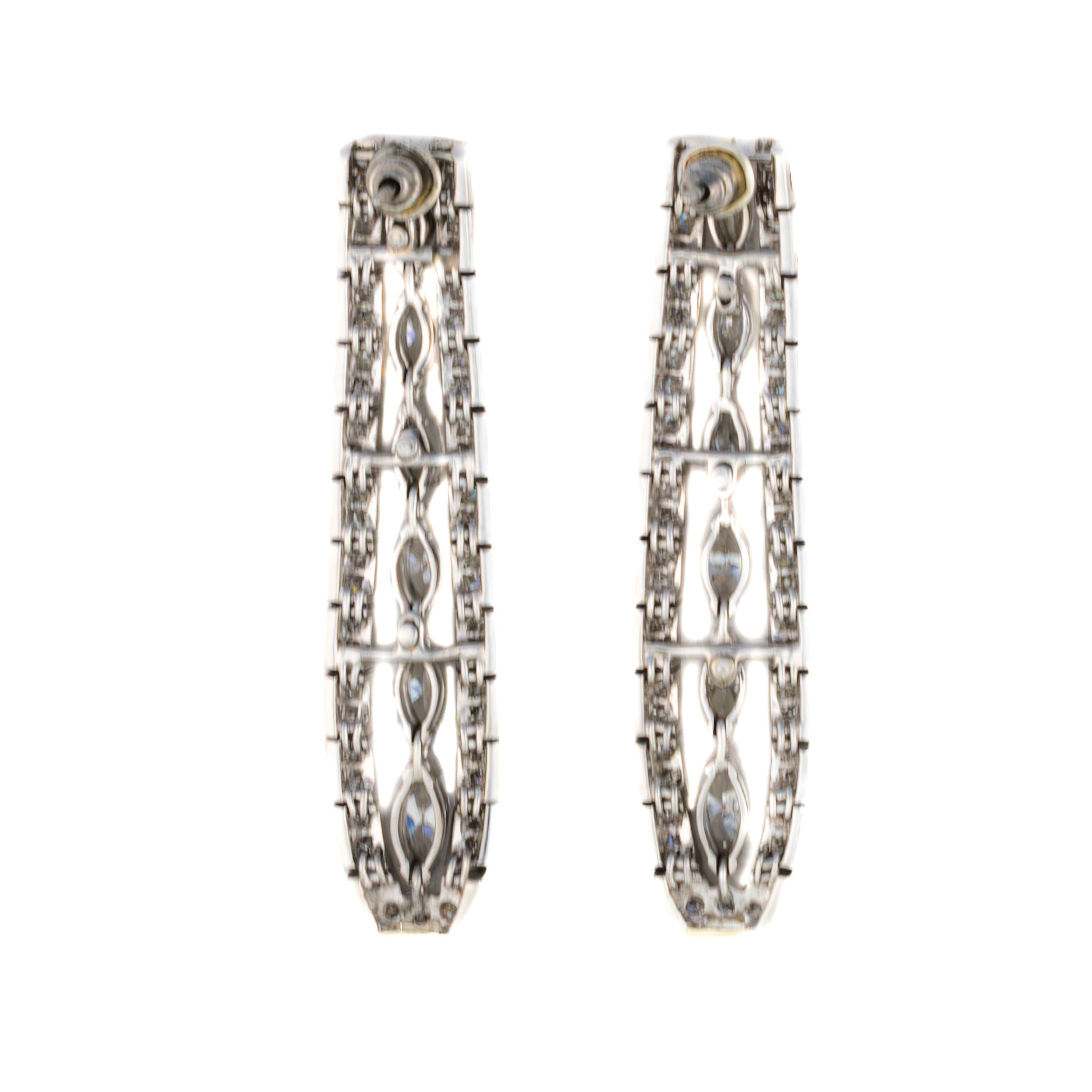 Art Deco Platinum Marquise and Round Diamond Tapered Drop Earrings For Sale