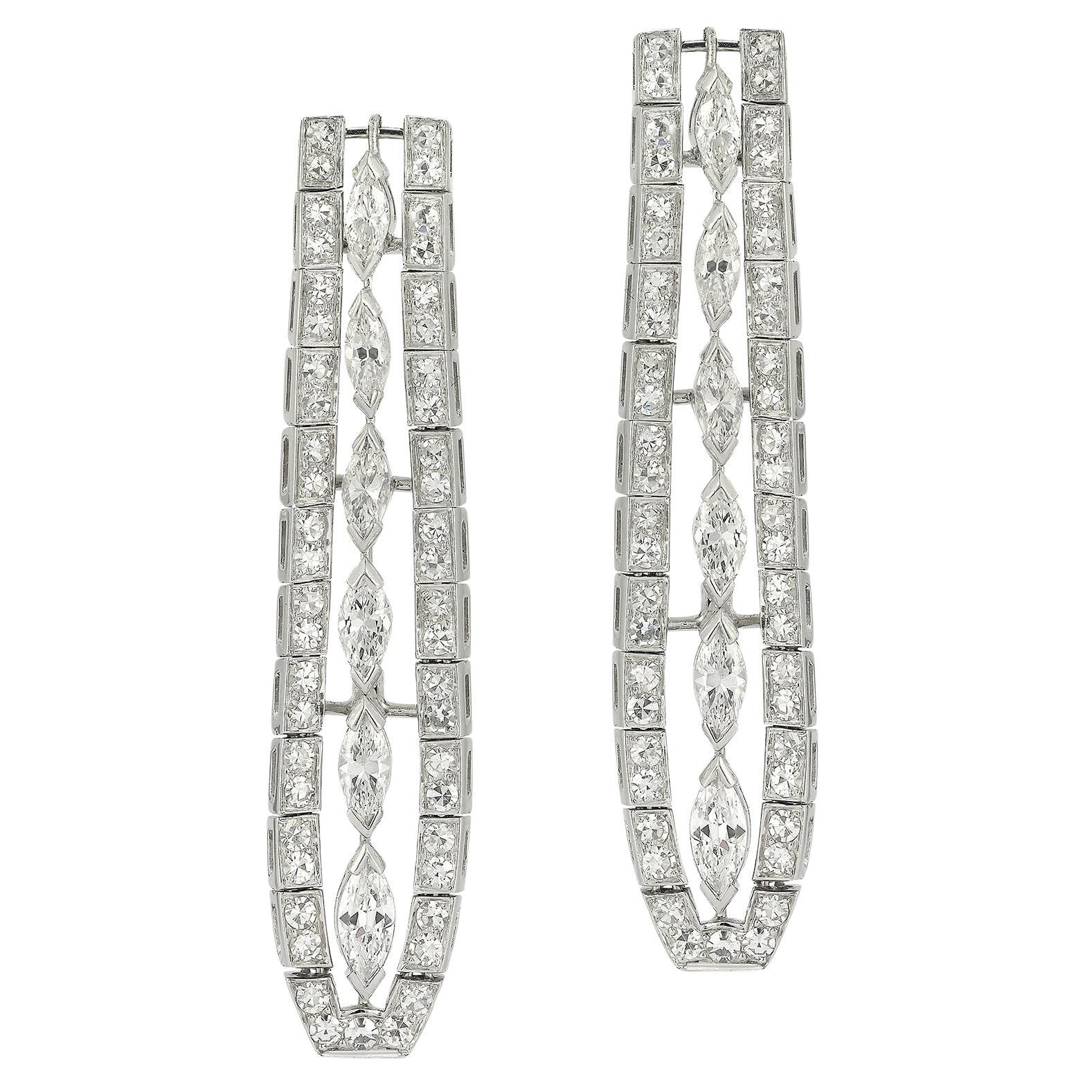 Platinum Marquise and Round Diamond Tapered Drop Earrings For Sale