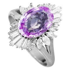 Platinum Marquise and Tapered Baguette Diamonds and Pink Sapphire Oval Ring