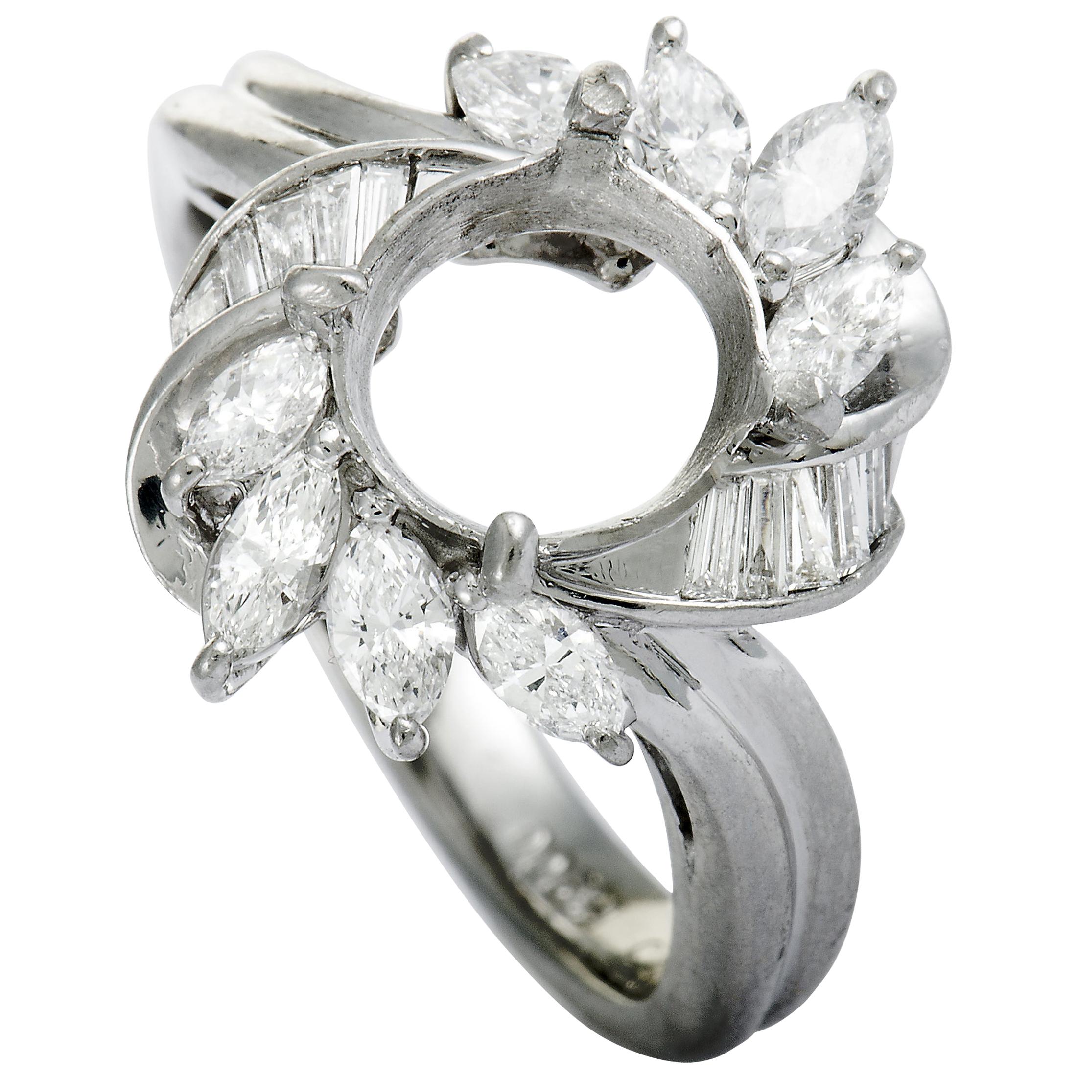 Platinum Marquise and Tapered Baguette Diamonds Mounting Ring