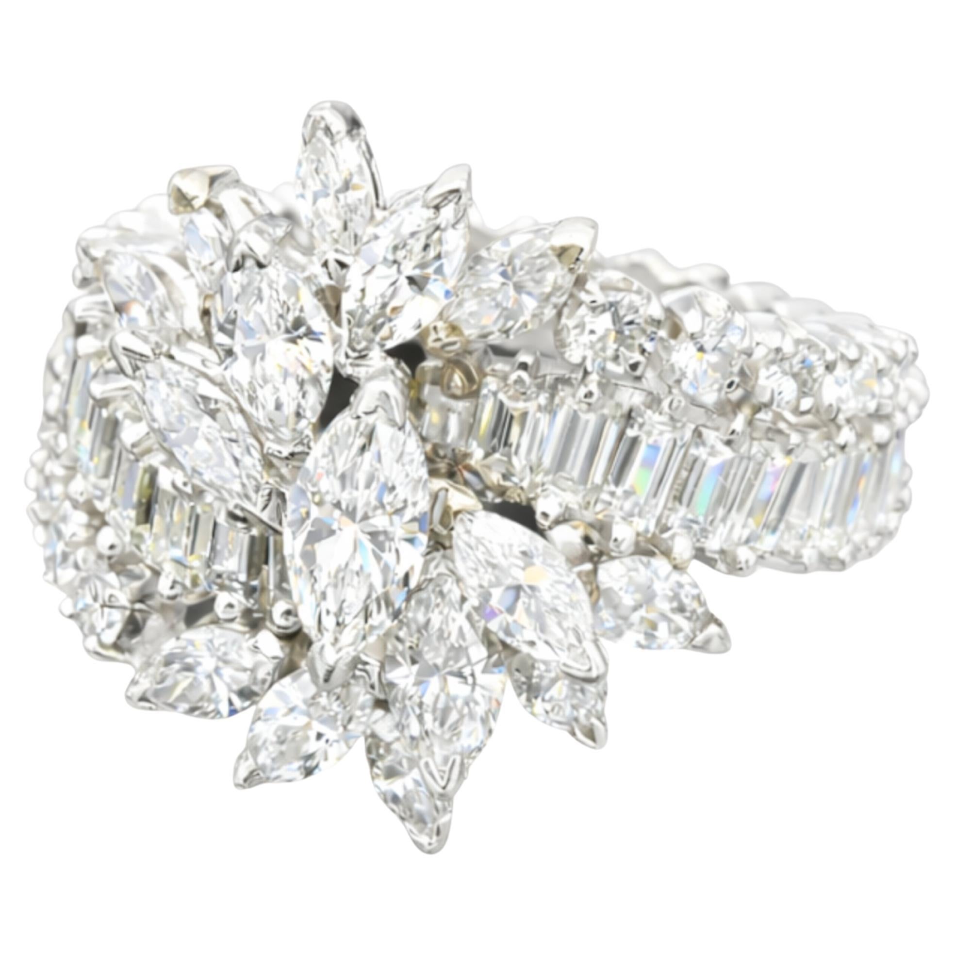 Platin Marquise Baguette Diamant Cluster Cocktail Ring.