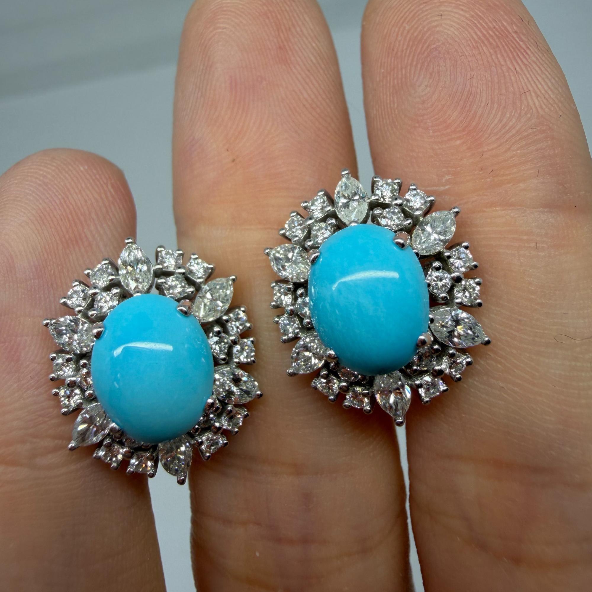 Boucles d'oreilles en platine avec halo de turquoise ovale et diamant taille marquise de 1,75 carat en vente 5