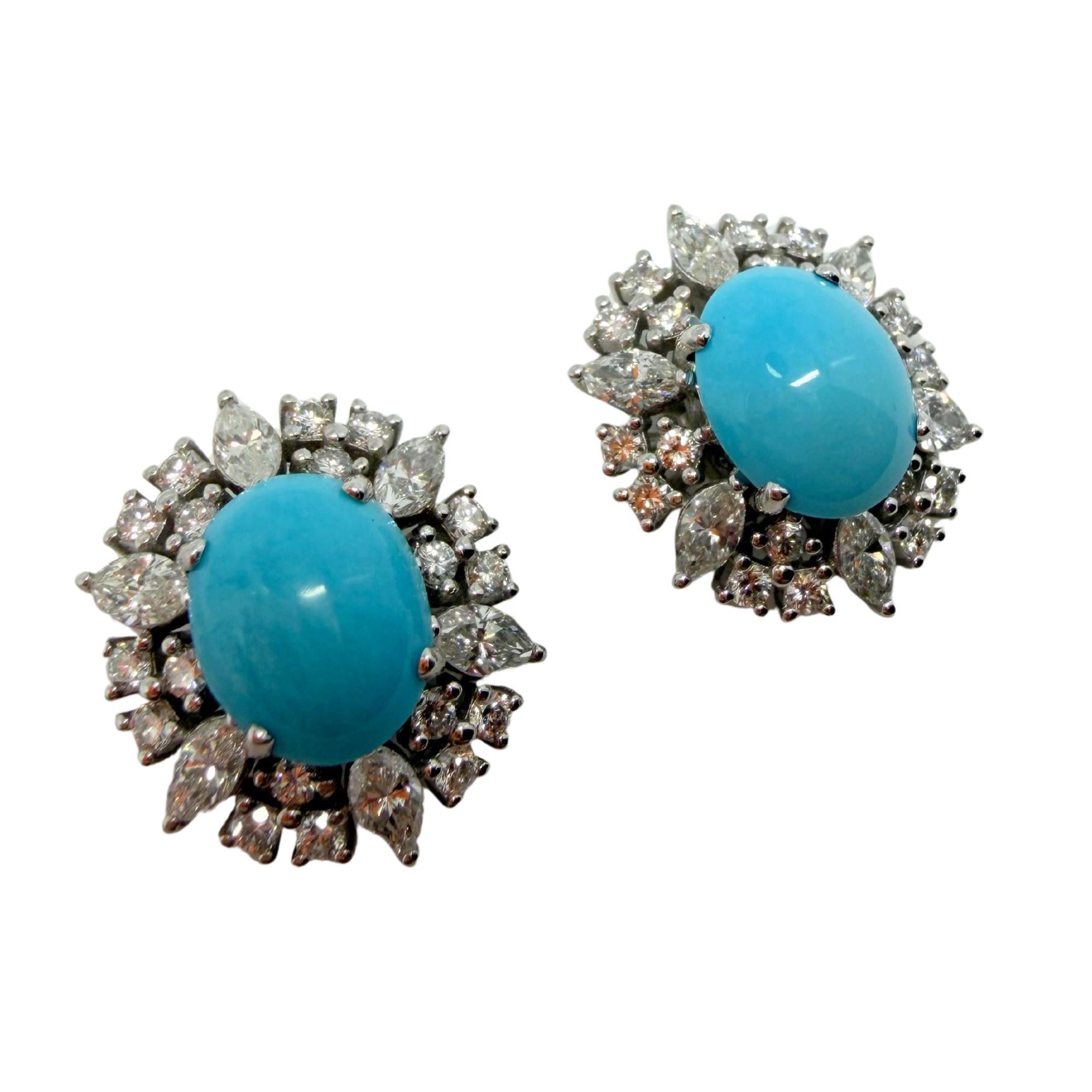 Boucles d'oreilles en platine avec halo de turquoise ovale et diamant taille marquise de 1,75 carat Pour femmes en vente
