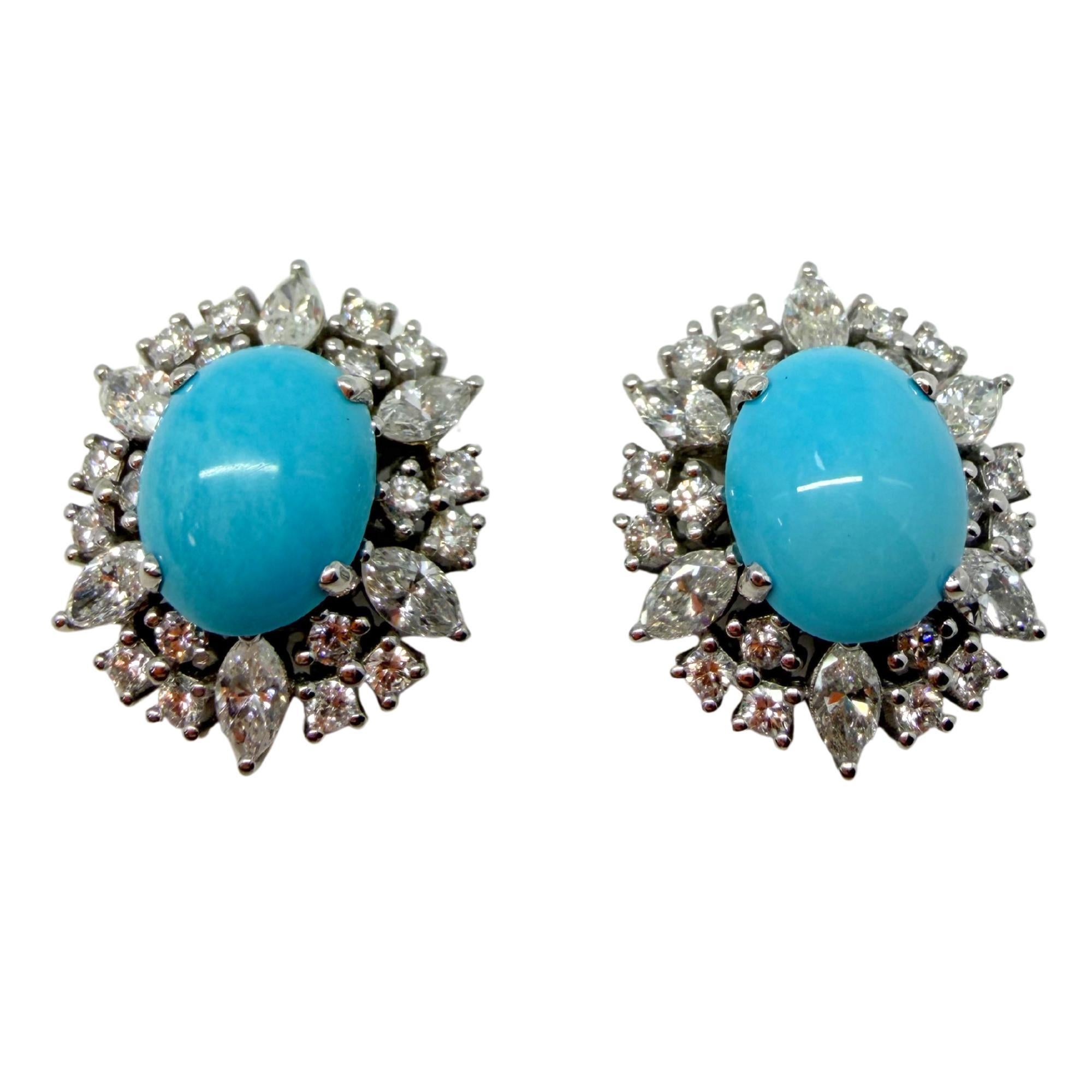 Boucles d'oreilles en platine avec halo de turquoise ovale et diamant taille marquise de 1,75 carat en vente 1