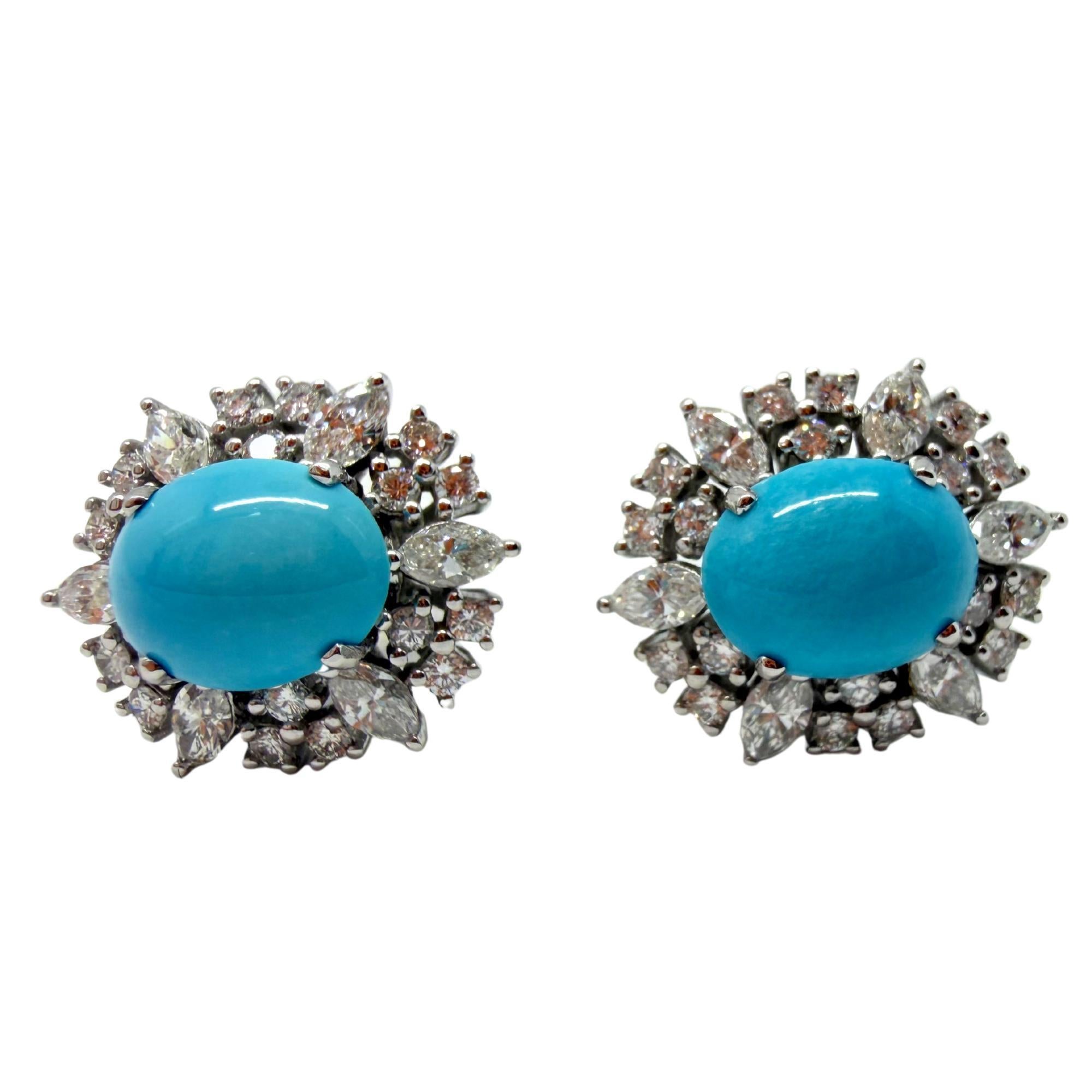 Boucles d'oreilles en platine avec halo de turquoise ovale et diamant taille marquise de 1,75 carat en vente 2